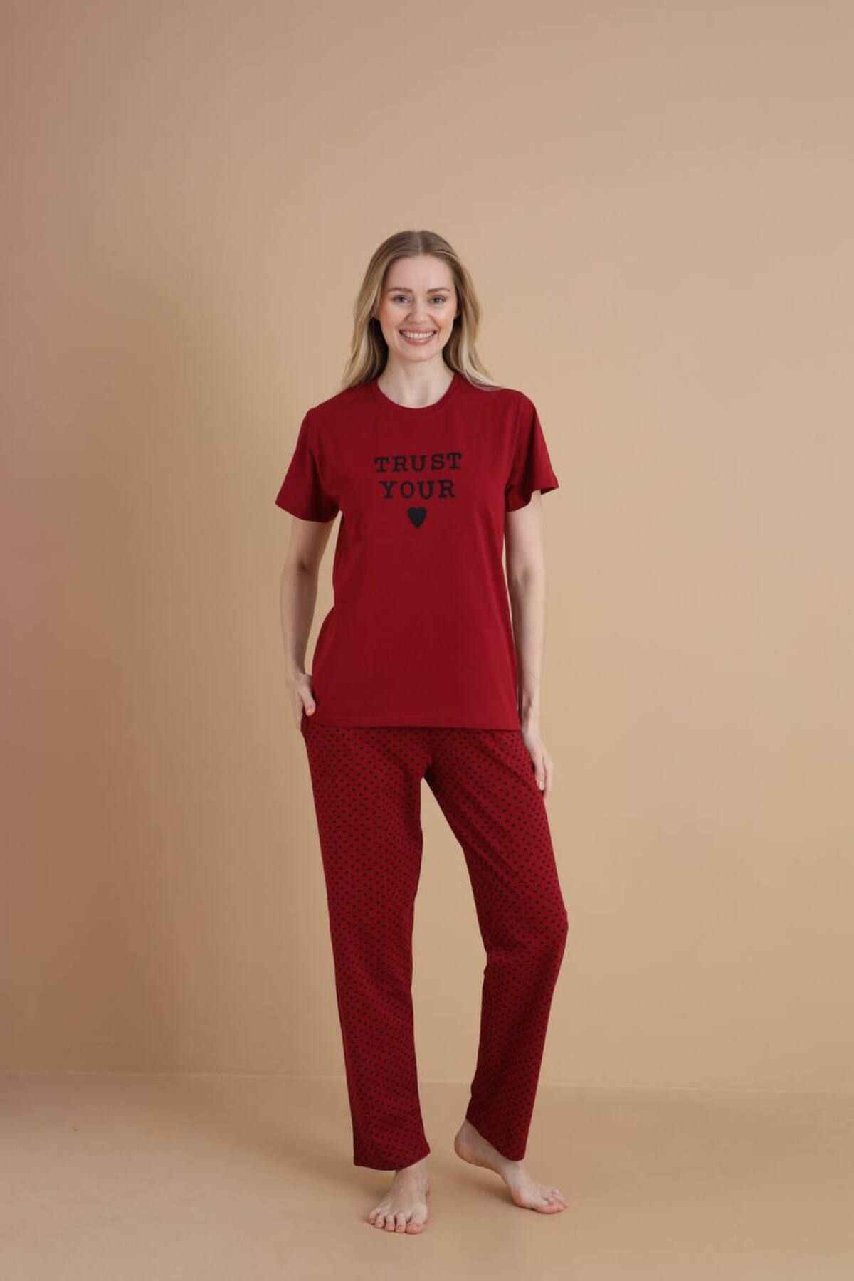 dealp Kadın Bordo %100 Pamuk Baskılı Kısa Kol Cepli Yazlık Pijama Takımı
