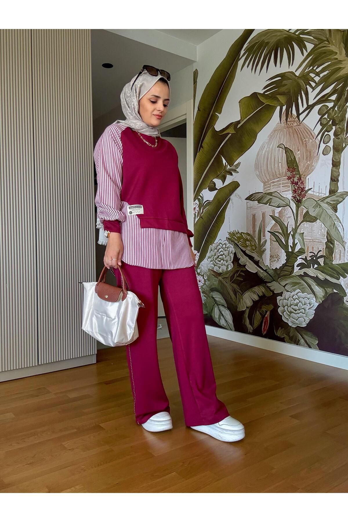 Aselim Hijap Moda Modal Kumaş Gömlek Detaylı Tesettür İkili Takım - Rahat Kombin Bordo