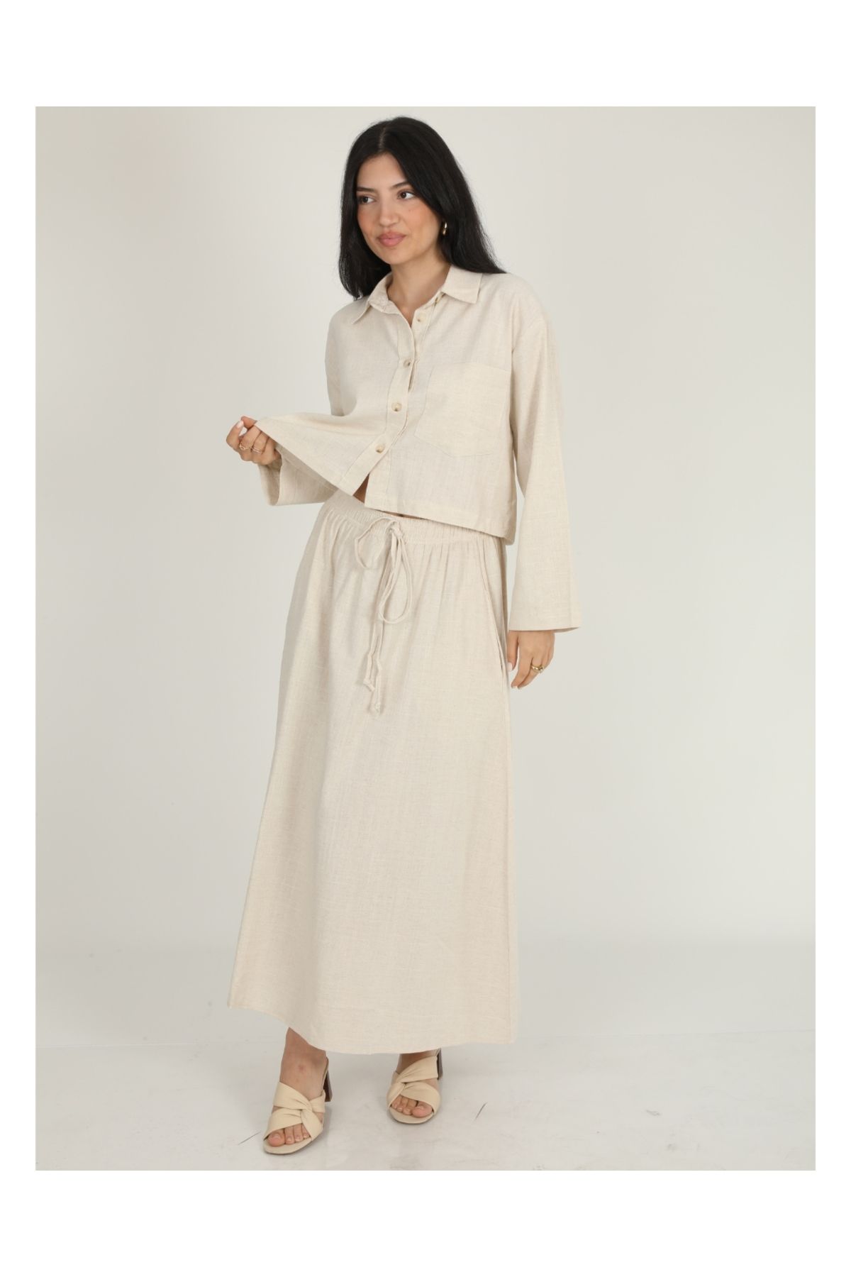 DEQ FASHION Kadın Bej Keten Oversize Gömlek Etek İkili Takım
