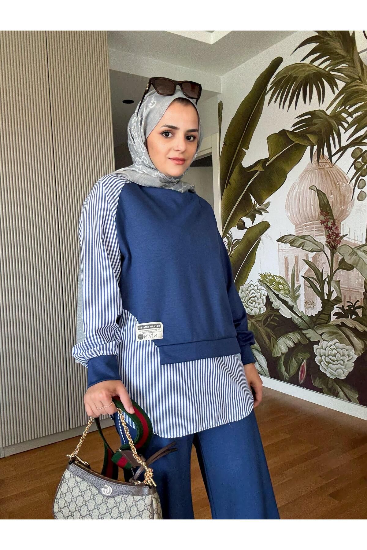 Aselim Hijap Moda Modal Kumaş Gömlek Detaylı Tesettür İkili Takım - Rahat Kombin Lacivert