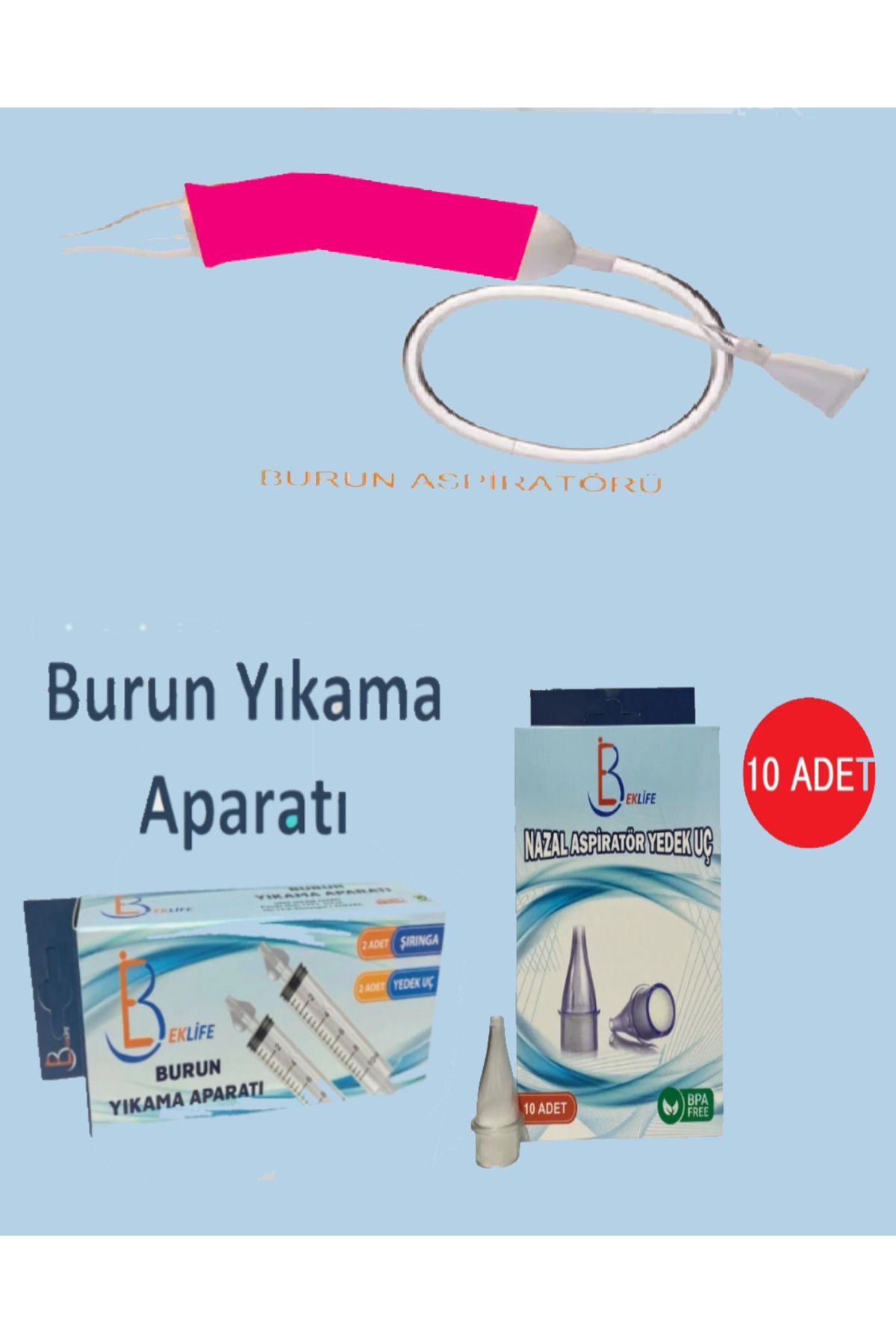 BekLife Burun Aspiratörü + Burun Aspiratörü Yedek Uç + 2'li Şırıngalı Bebek Burun Yıkama Enjektörü Nazal
