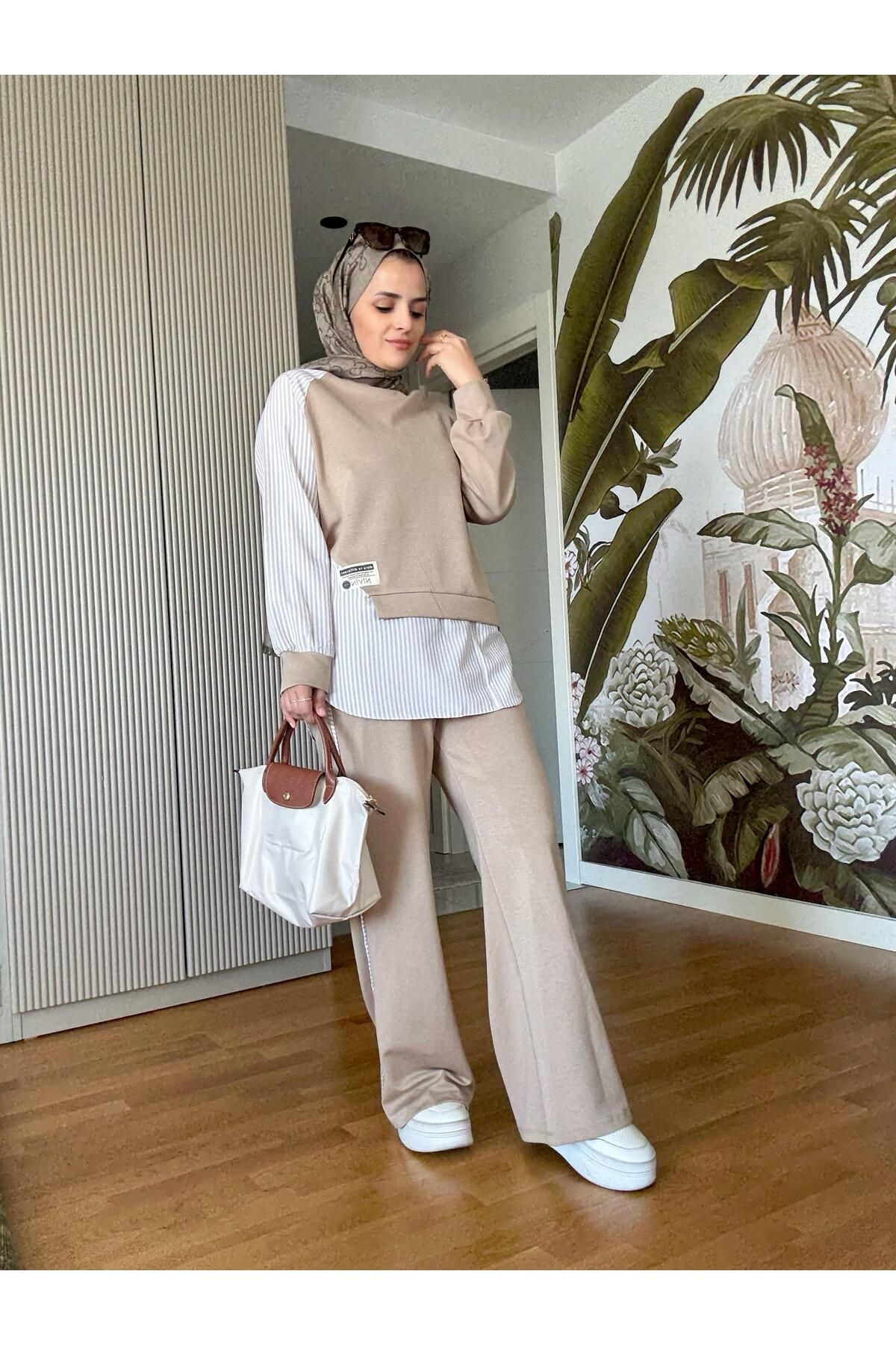 Aselim Hijap Moda Modal Kumaş Gömlek Detaylı Tesettür İkili Takım - Rahat Kombin Bej