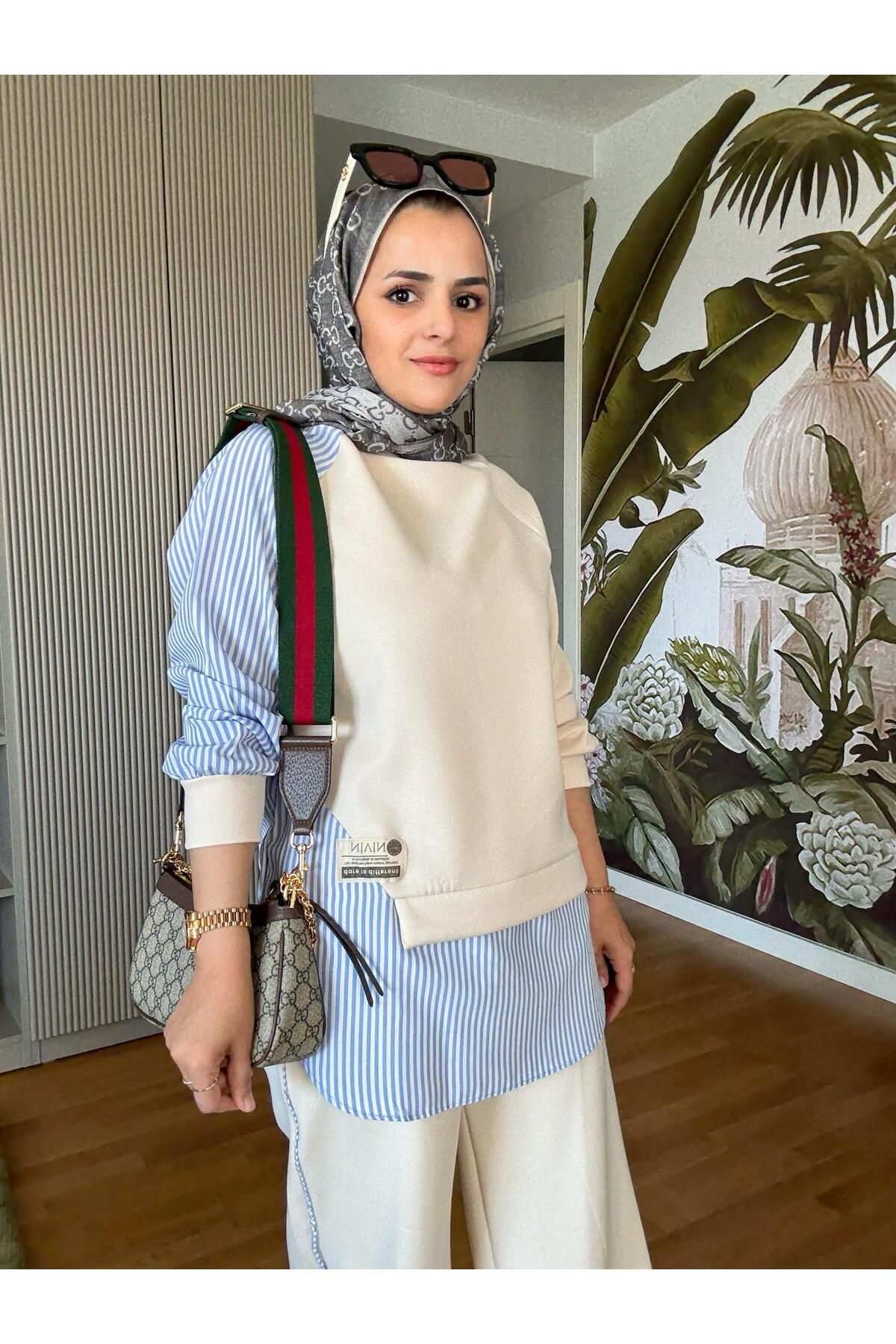Aselim Hijap Moda Modal Kumaş Gömlek Detaylı Tesettür İkili Takım - Rahat Kombin Ekru