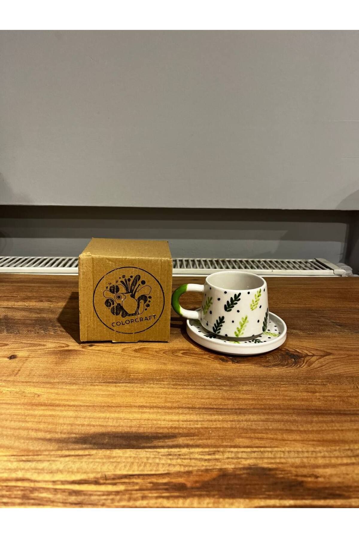 ColorCraft Yeşil Dal Desenli Tabaklı Seramik Kupa, Mug, Double Türk Kahvesi Filtre kahve