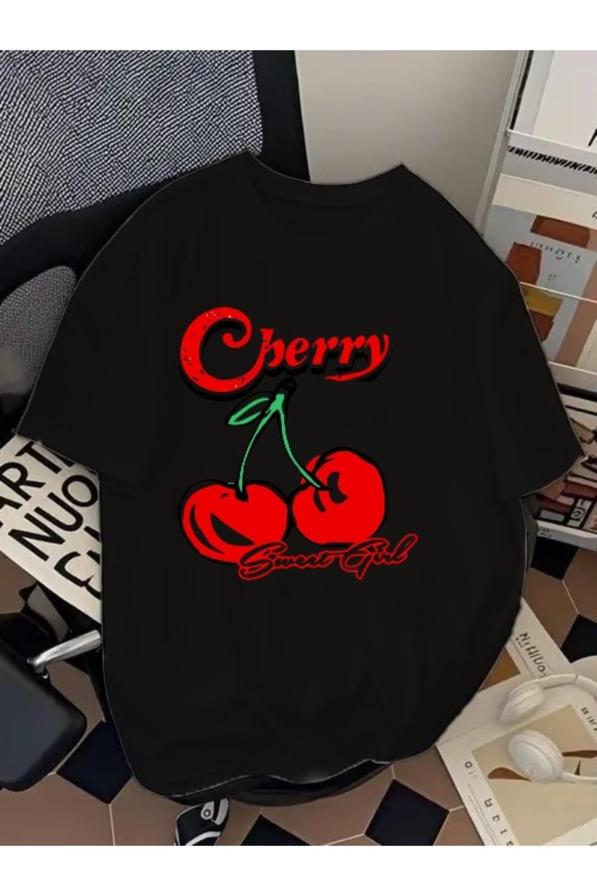 EQİ Cherry Baskılı Oversize T-Shirt