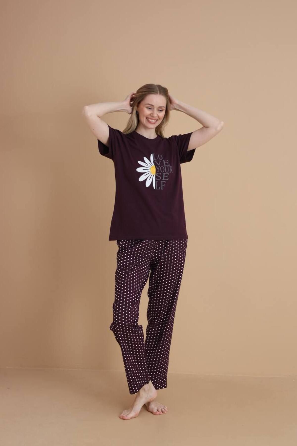 dealp Kadın %100 Pamuk Baskılı Kısa Kol Cepli Yazlık Pijama Takımı