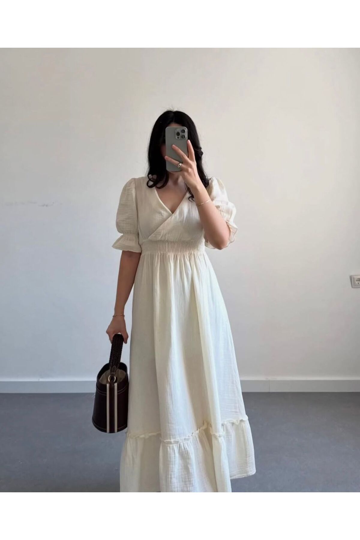 Butik Muslin Kumaş Beli Lastikli Elbise