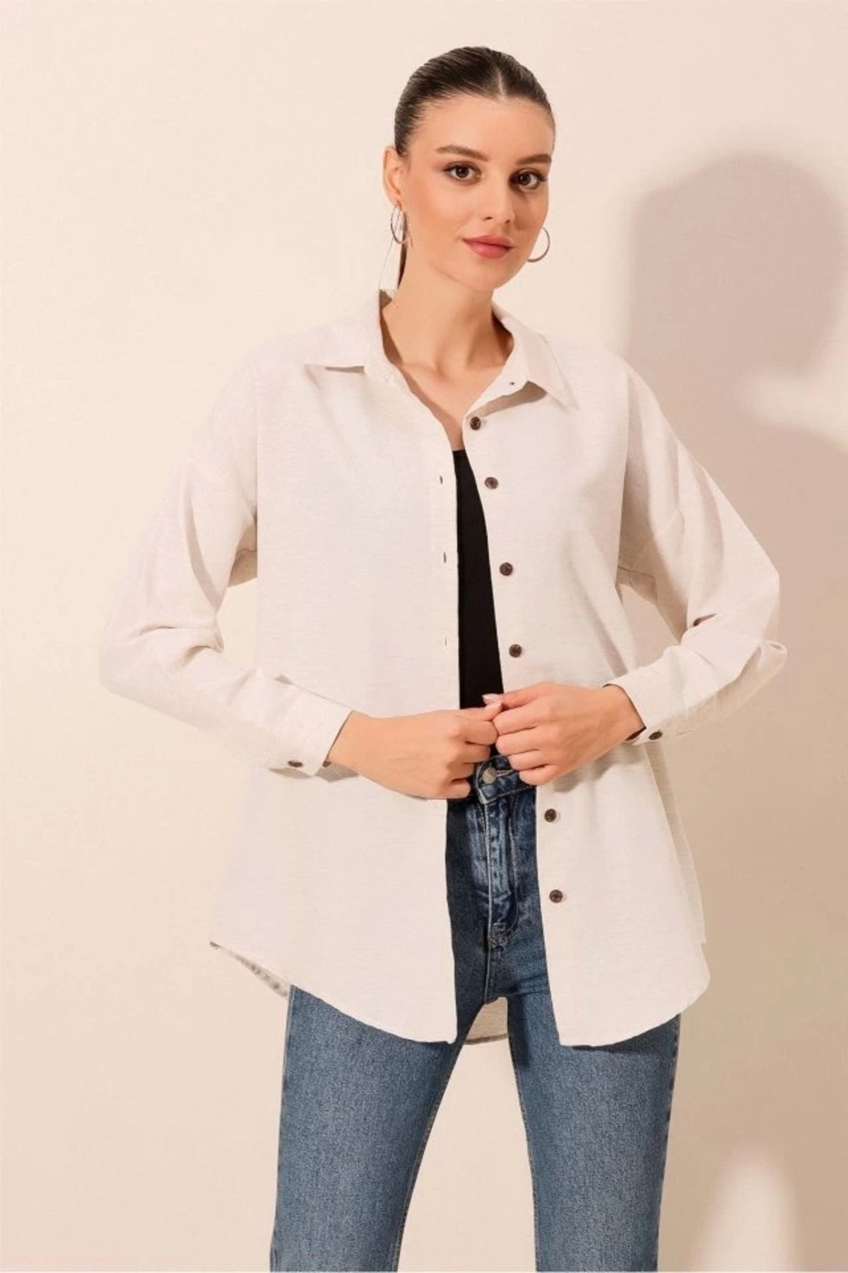 Silerra Krem Düz Oversize Uzun Basic Gömlek 3900