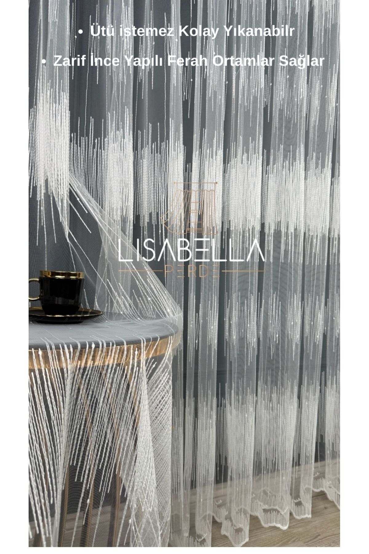 LisabellaHome Linea Broderia Tül (1x3 sık Pile Dikişli) ütü istemez