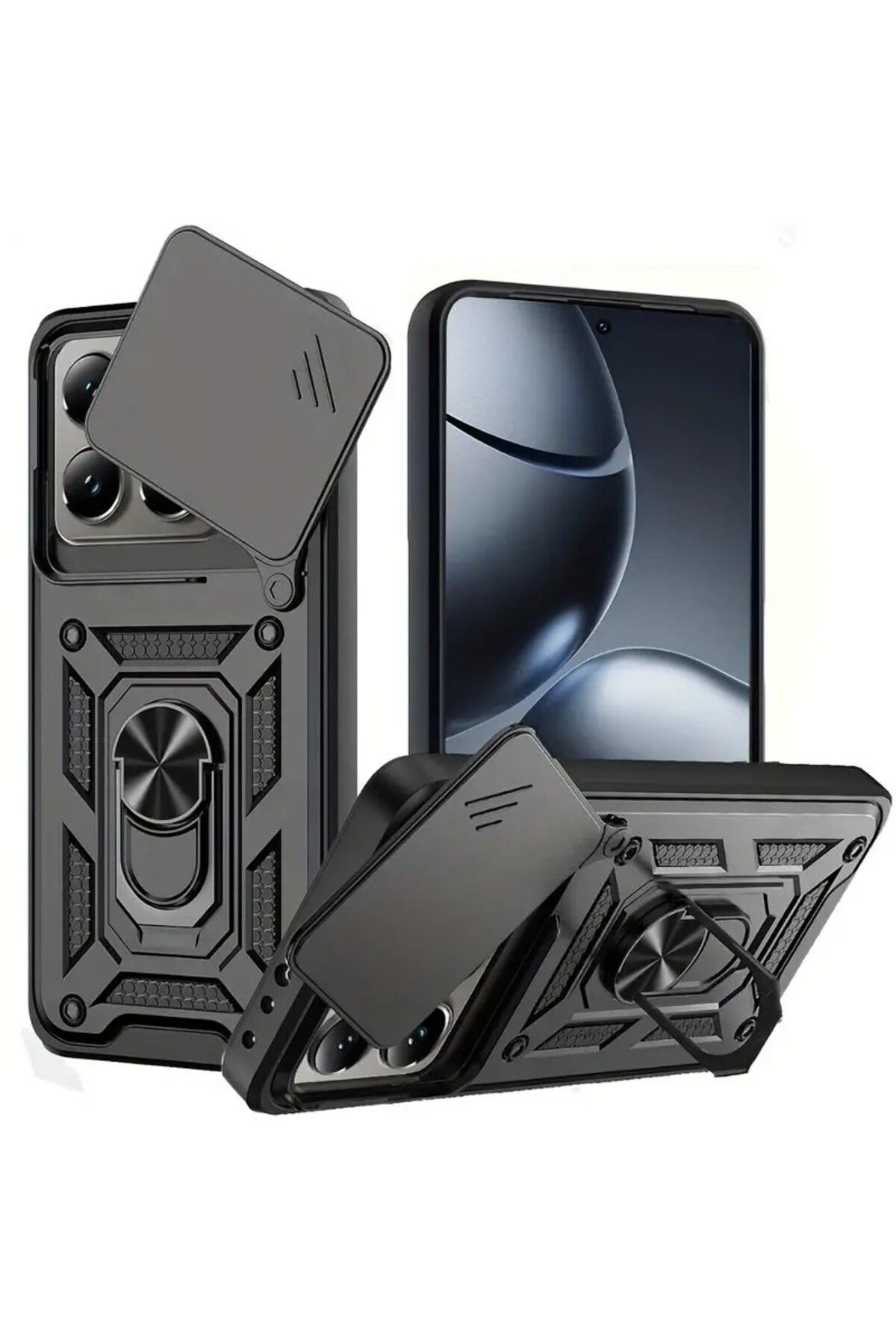 Posso Xiaomi Mi 14T & Mi 14T Pro Kılıf Kamera Sürgülü Koruma Yüzük Standlı Armor Koruma Sert Silikon Kapak