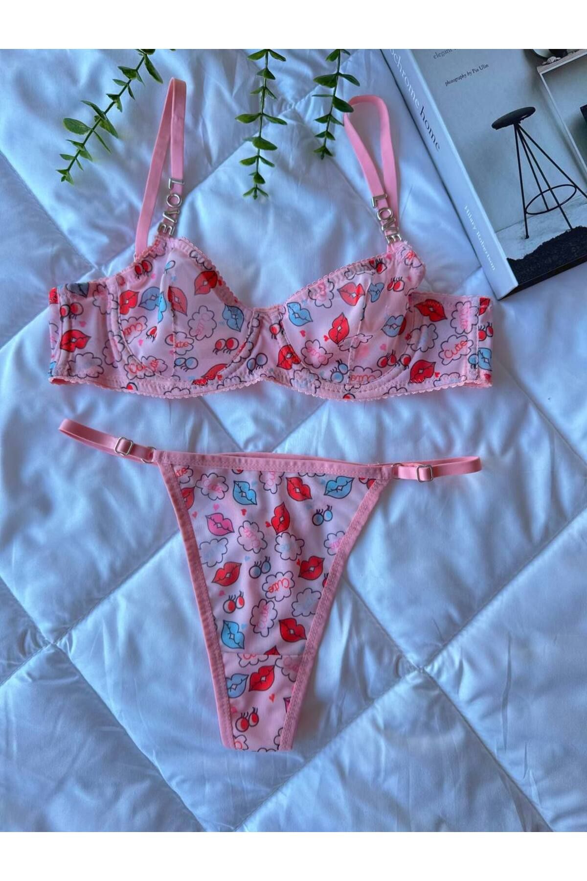 Nikitas Design Nikita's Design Kırmızı Ekru Kalp Desenli Sütyen Kilot Takım