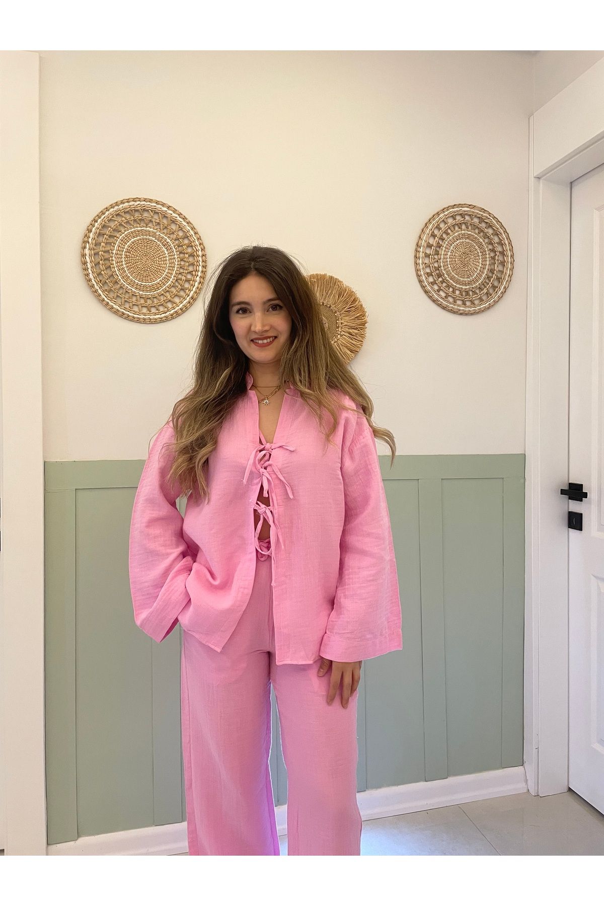 Nihanello Butik Pembe önden bağlamalı alt üst takım