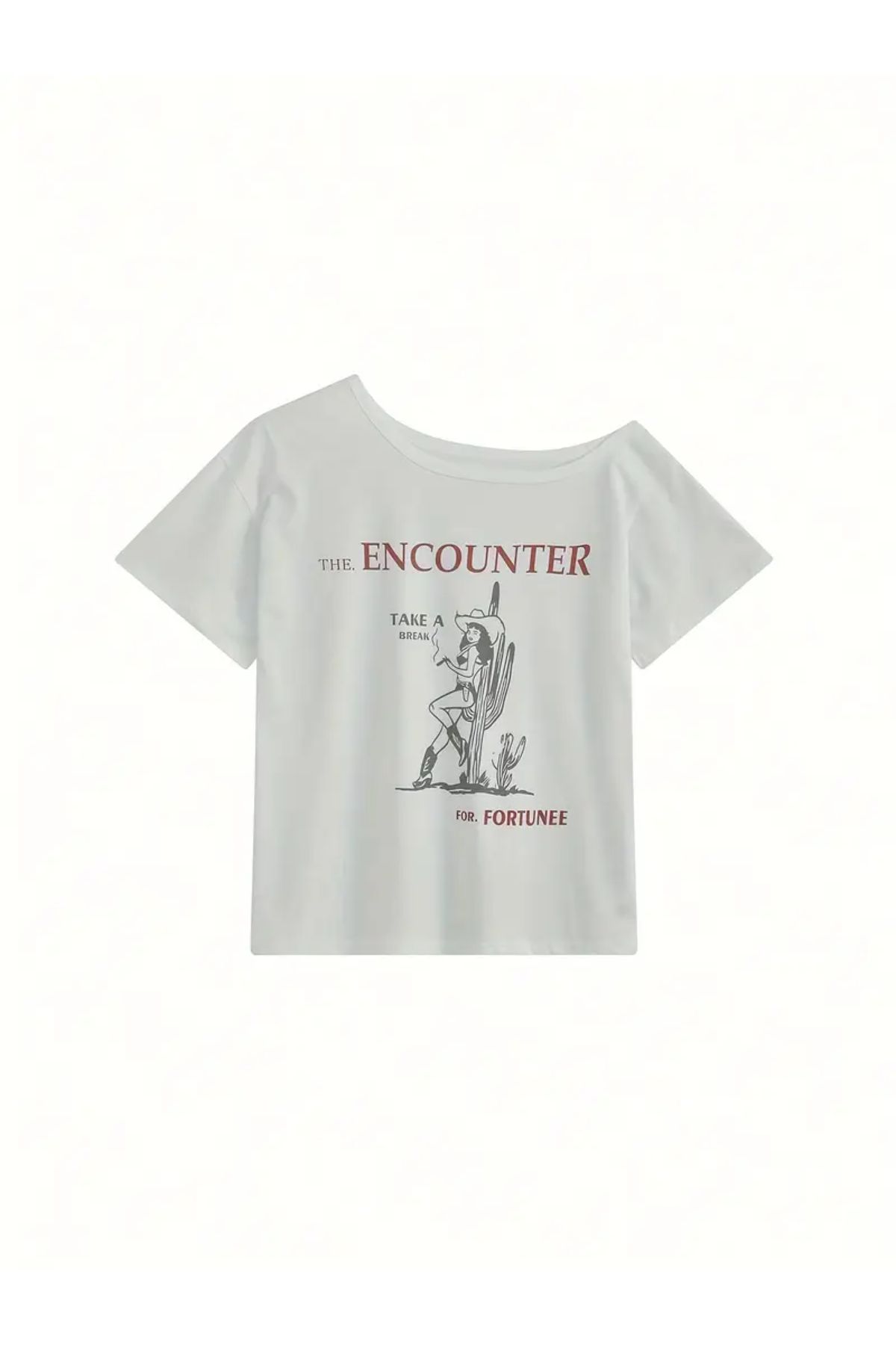 Koklonmoda Kadın Düşük Omuz Kayık Yaka Baskılı T-Shirt