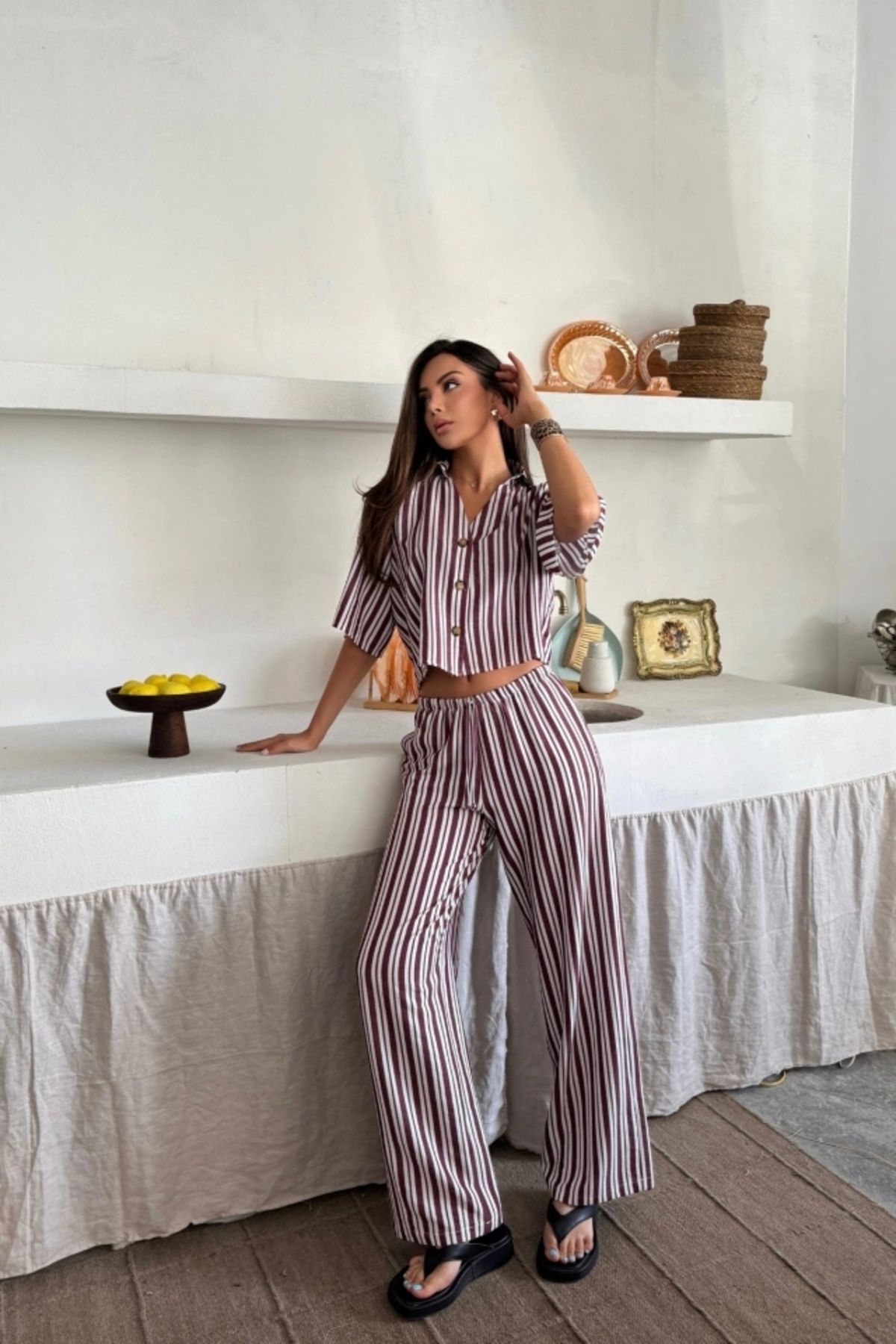 Silerra ÇİZGİLİ CROP GÖMLEK - SALAŞ PANTOLON TAKIM MODAL - Bordo
