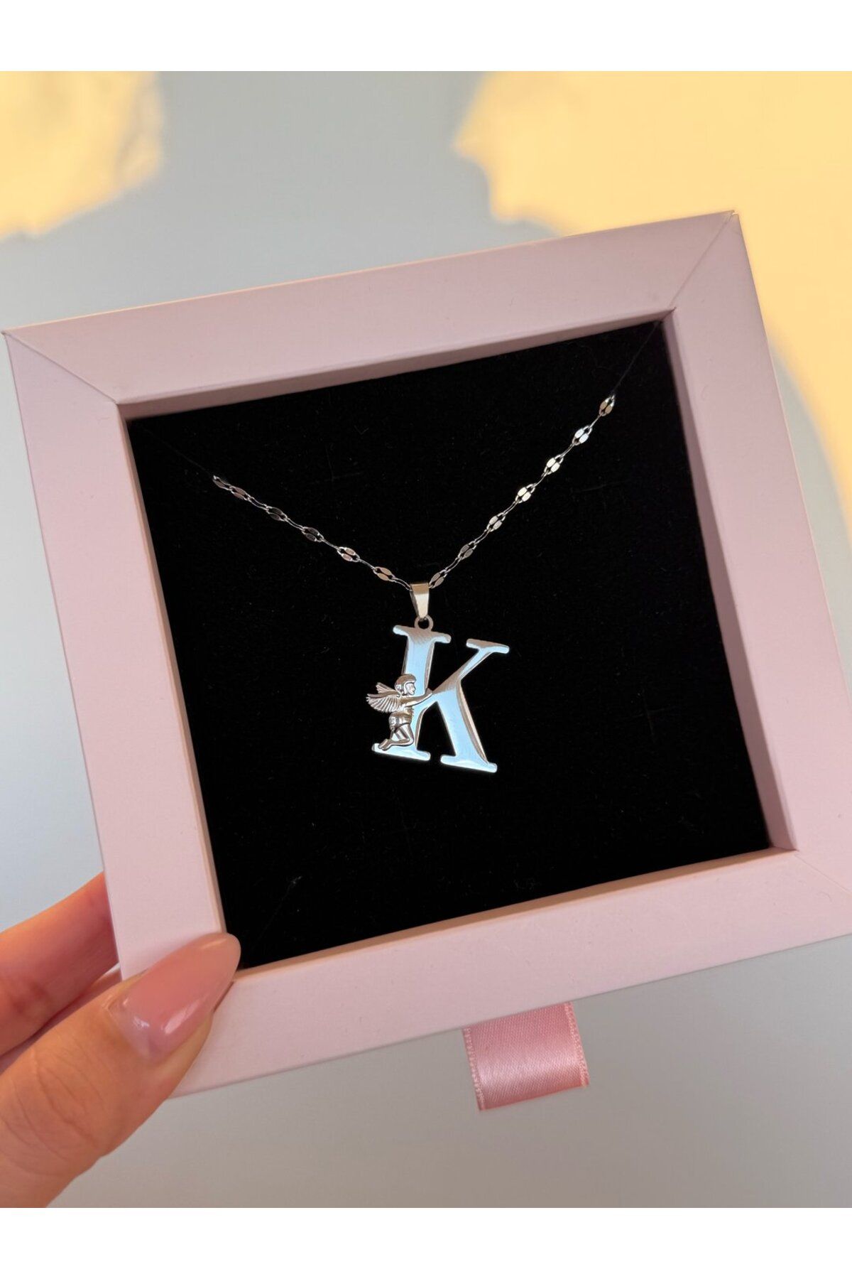 h&b design jewel Çelik Melek Detaylı Silver K Harfli Kolye