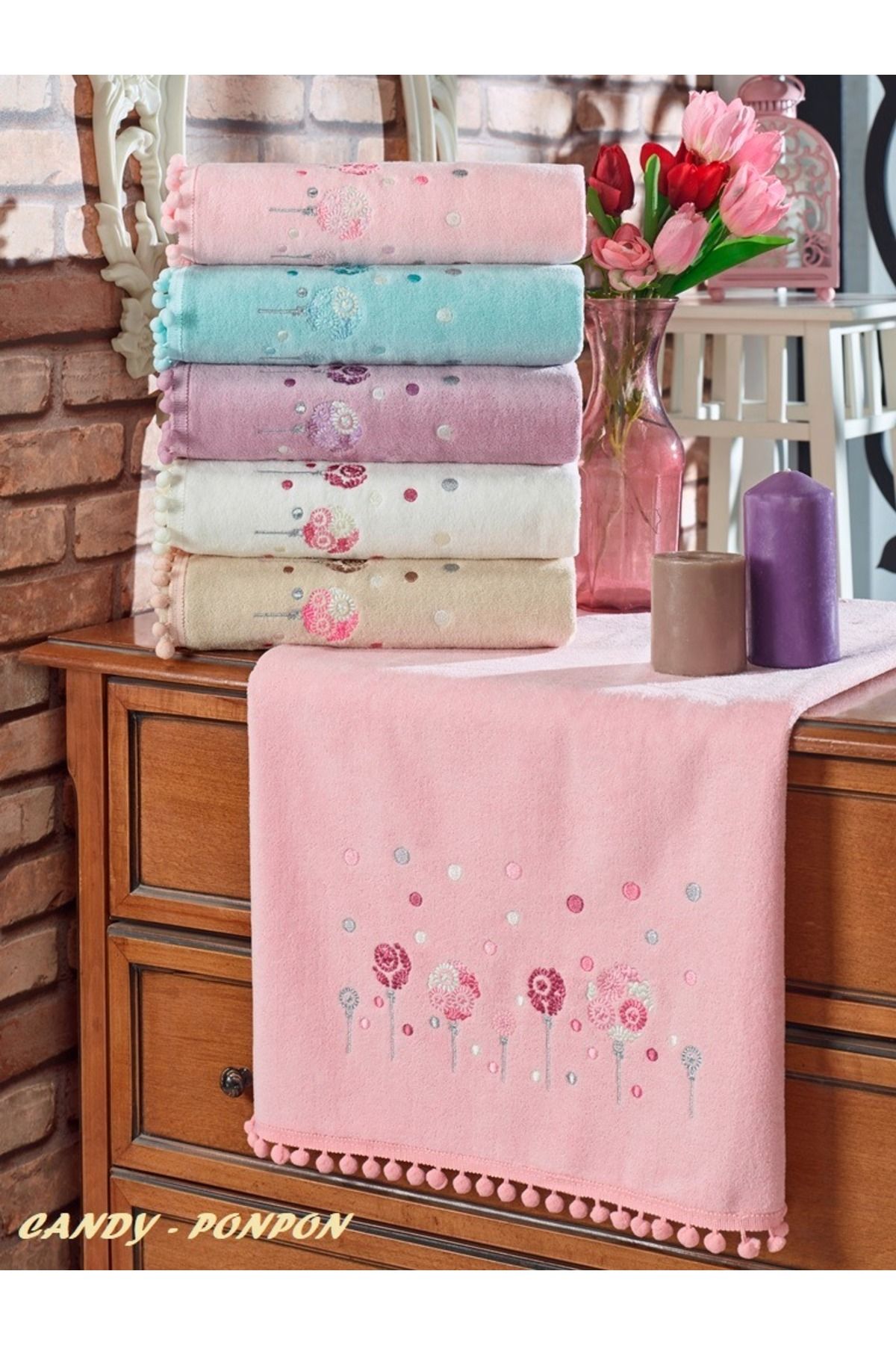 Beğenal 6'lı Kadife Ponponlu (Candy) Nakışlı El-Yüz Havlu Seti (50 x 90 cm)
