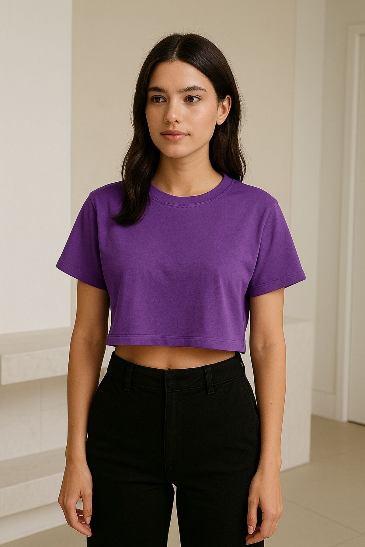 VENTİUP Violet Vibe Basic Crop Tişört