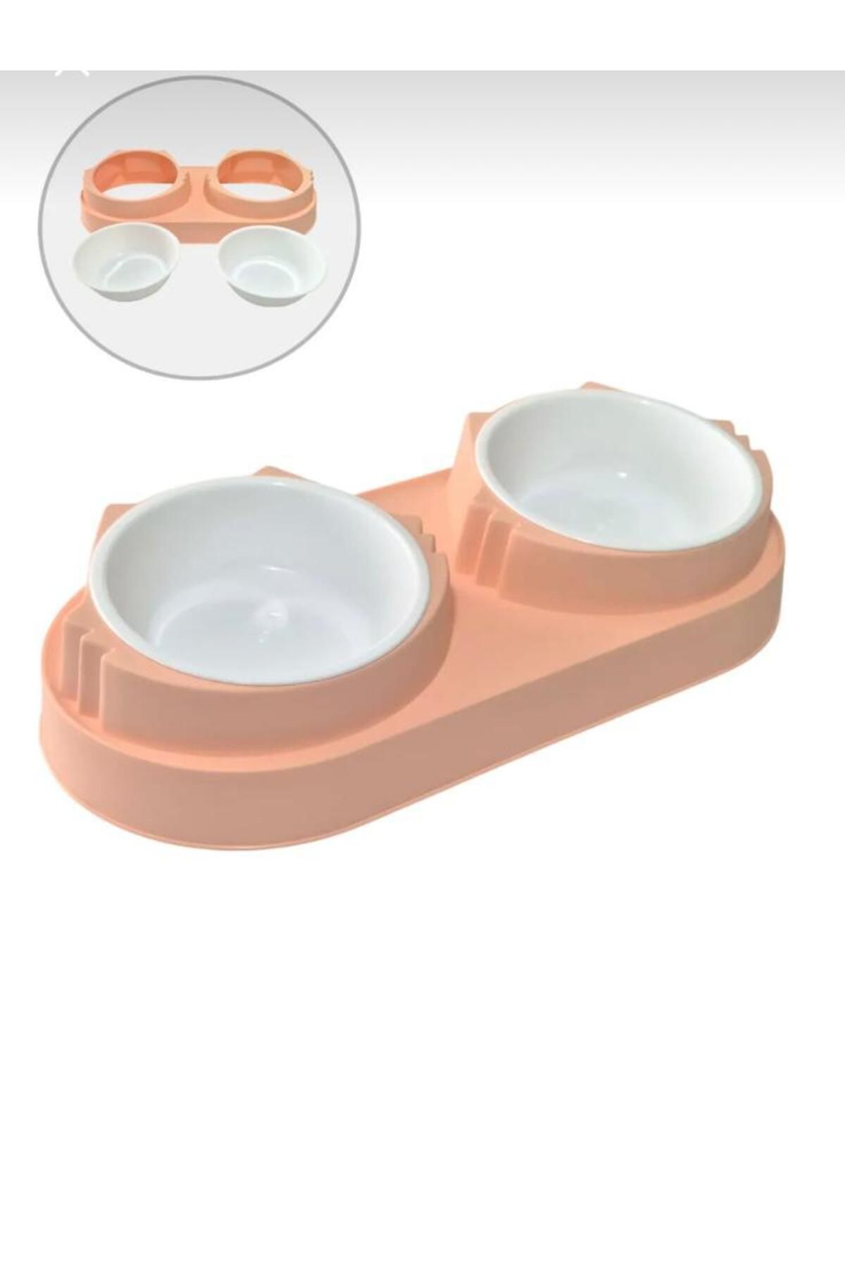 Petesia İkili Kedi Kulaklı Mama Ve Su Kabı Eğimli Tasarım Pembe