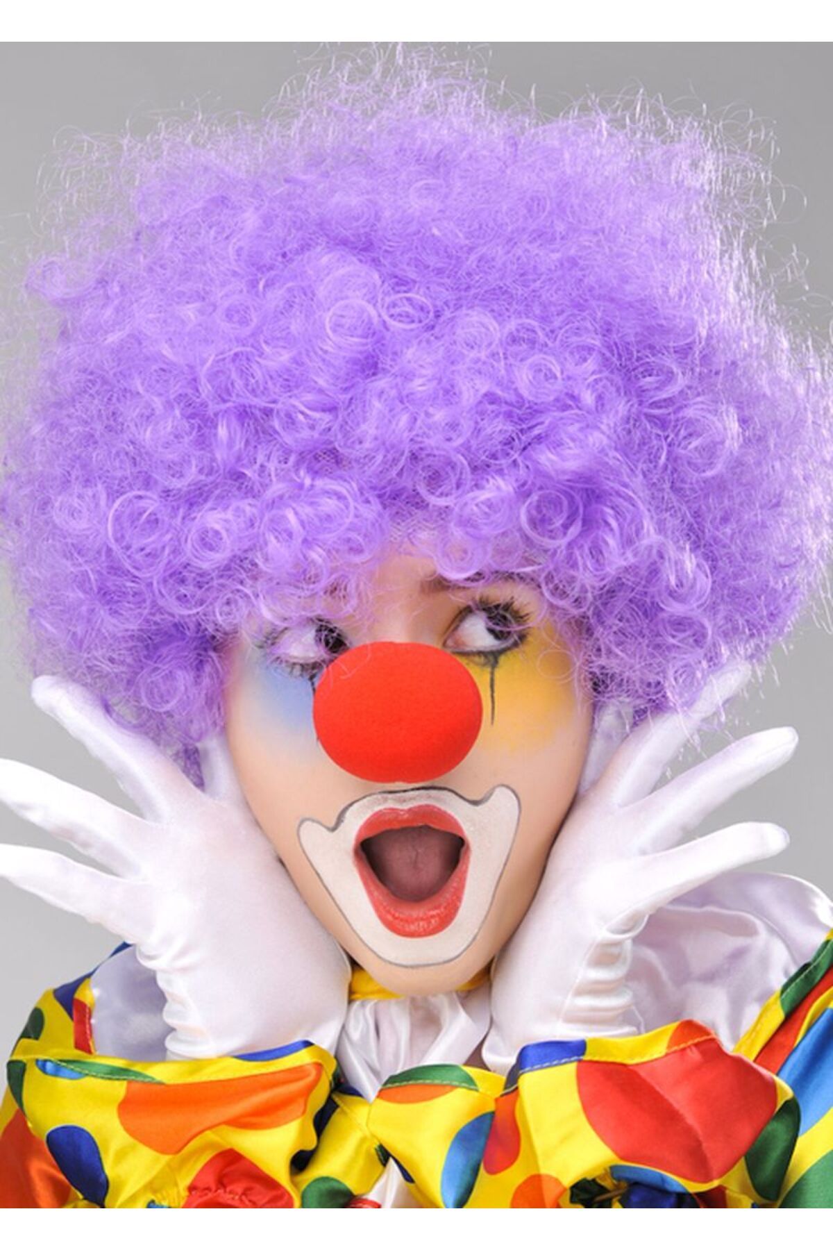 Easy Tedarik Mor Renk Kıvırcık Afro Bonus Peruk Takma Saç ve Kırmızı Burun Seti