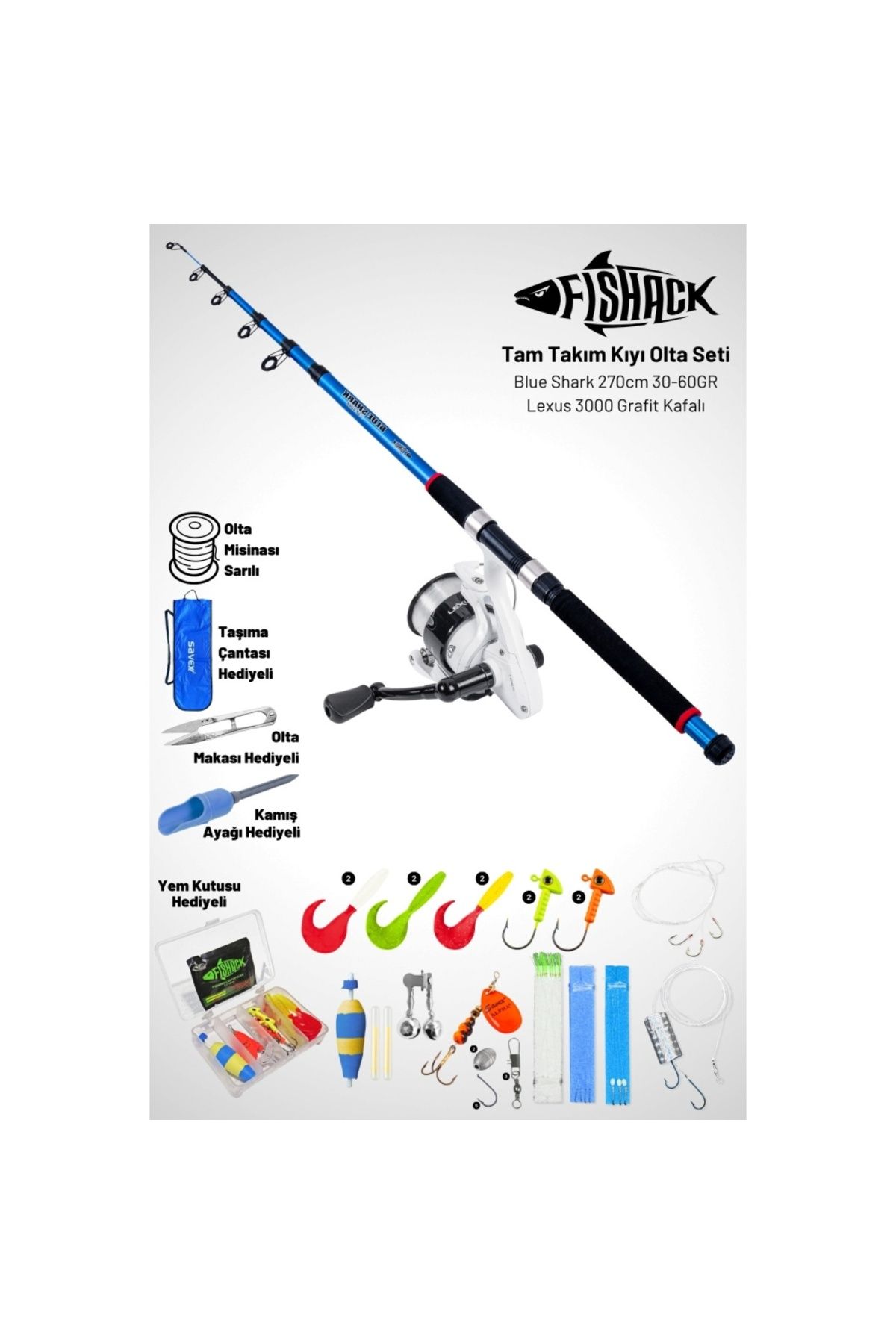 AtikCamp Tam Takım Kıyı Olta Seti - 270cm Kamış 30-60GR / 3000'lik Lexus Olta Makinesi - Taşıma Çantalı