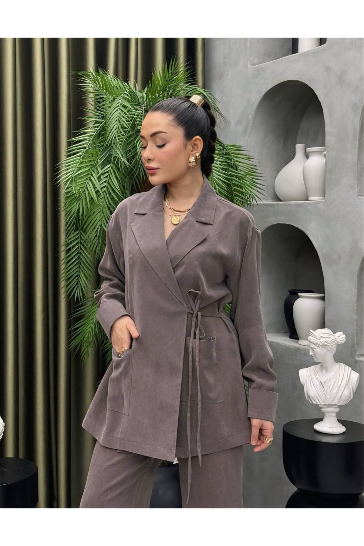 BisuModa Tecel Kumaş Kimono Pantolon Takım
