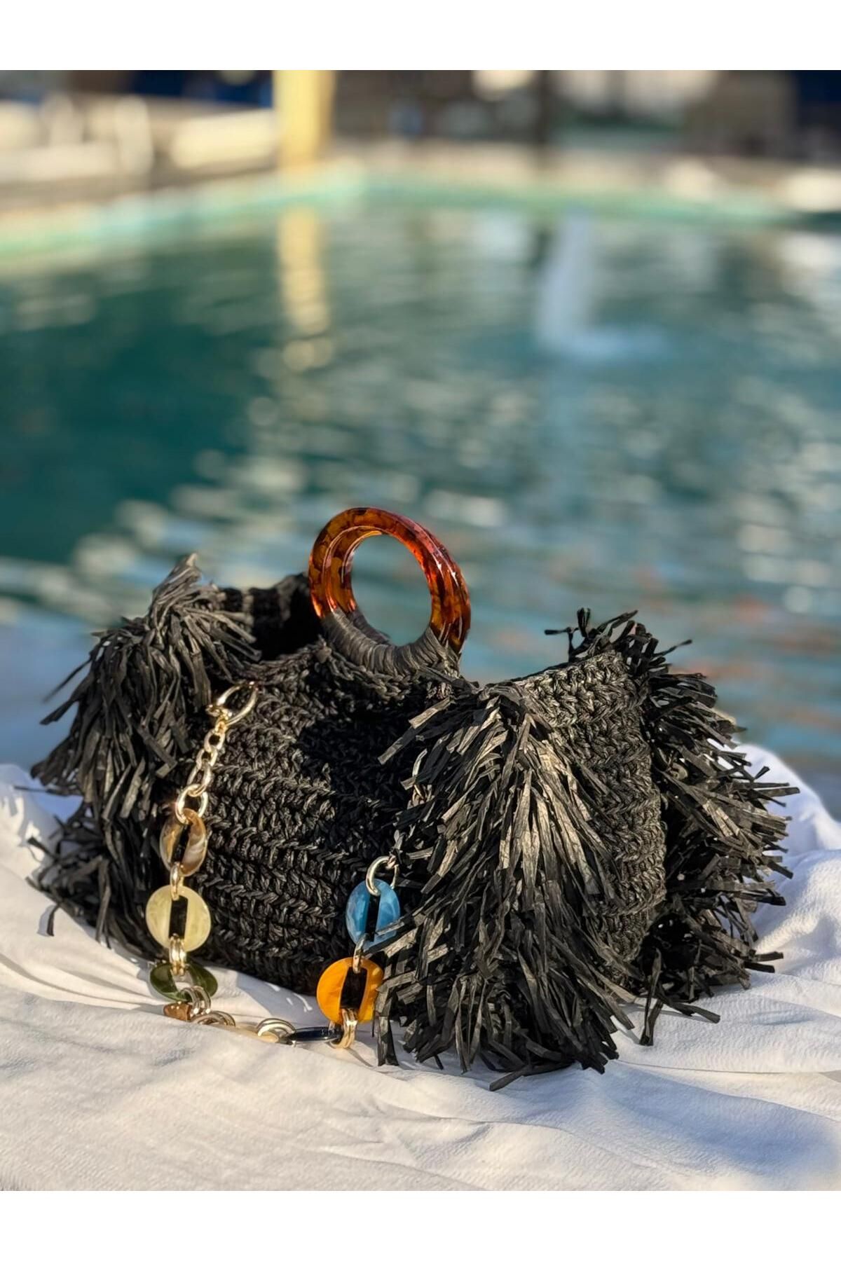 Renkat Handmade Saçaklı Hasır Örme El Çantası