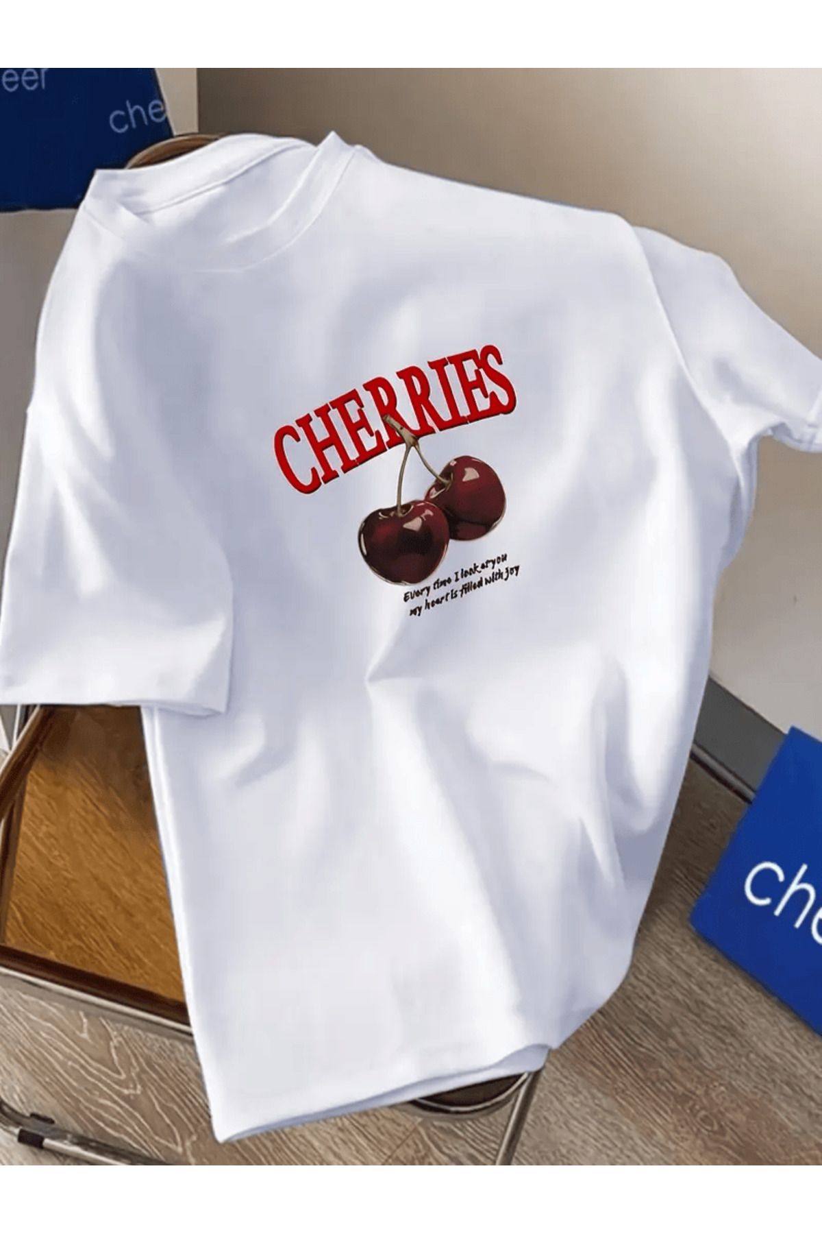 İnazuma Outdoors Unisex Oversize Baskılı Pamuklu Bisiklet Yaka Kısa Kollu BEYAZ T-shirt Cherrises