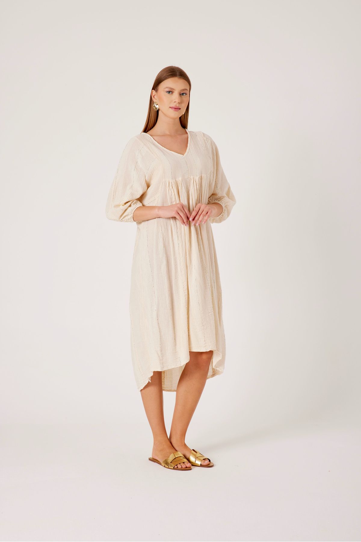 T'u Collection Parıltılı Oversize Ekru Elbise-V Yaka Rahat Kesim