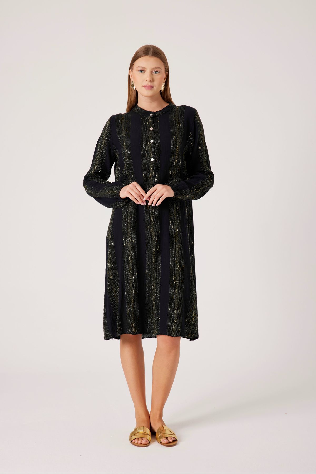 T'u Collection Gold Nakış Detaylı Gömlek Elbise