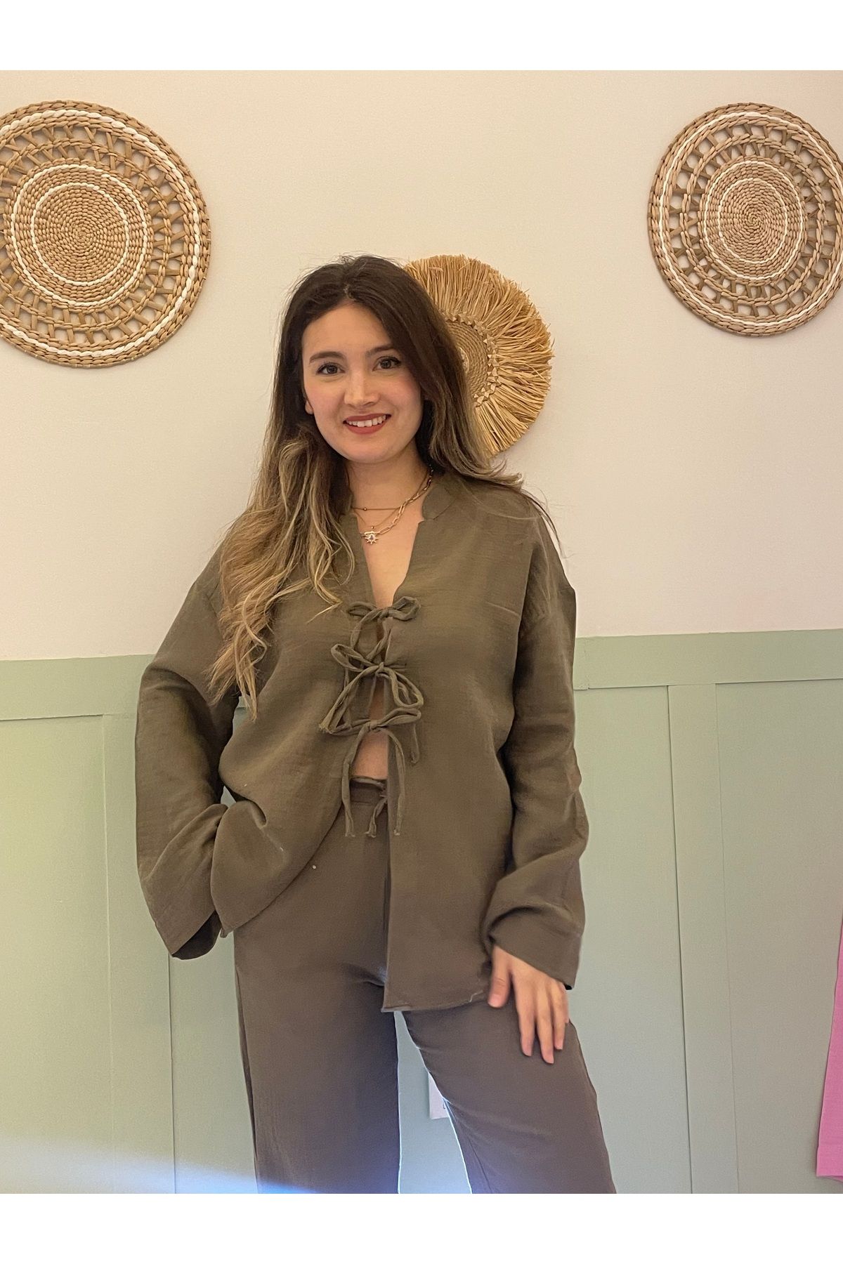 Nihanello Butik Haki önden bağlamalı alt üst takım