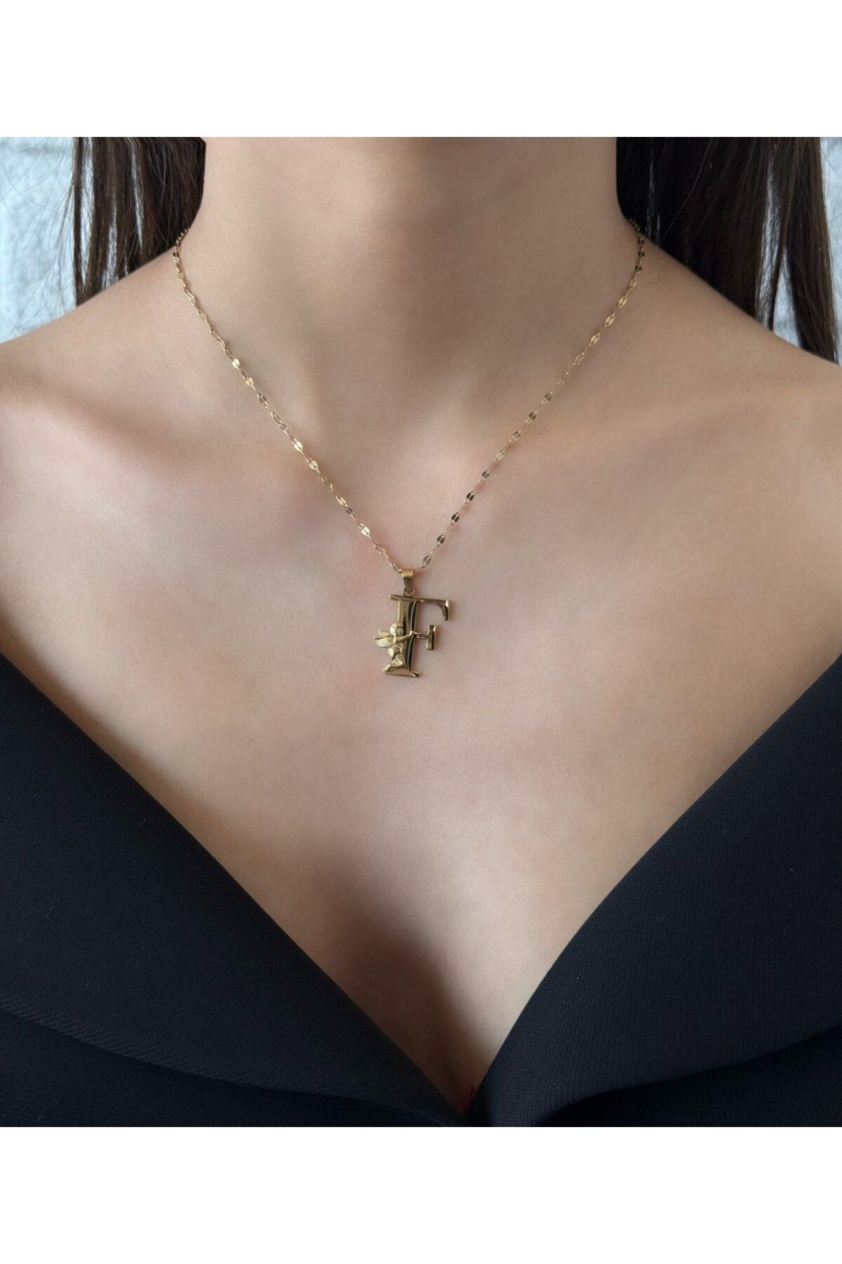 h&b design jewel Çelik Melek Detaylı F Harfli Kolye