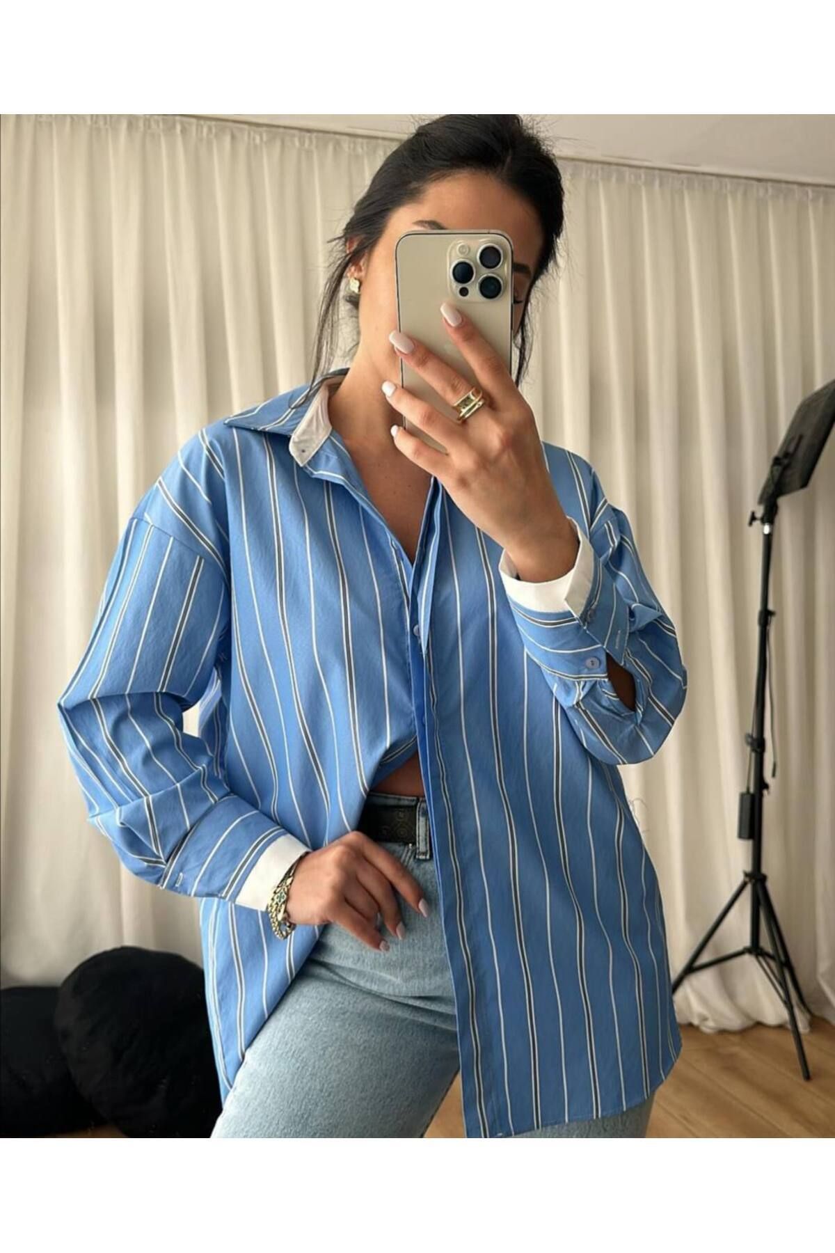 4EVERTİGER ÇİZGİLİ OVERSIZE MANŞET DETAYLI UZUN KOLLU KADIN GÖMLEK