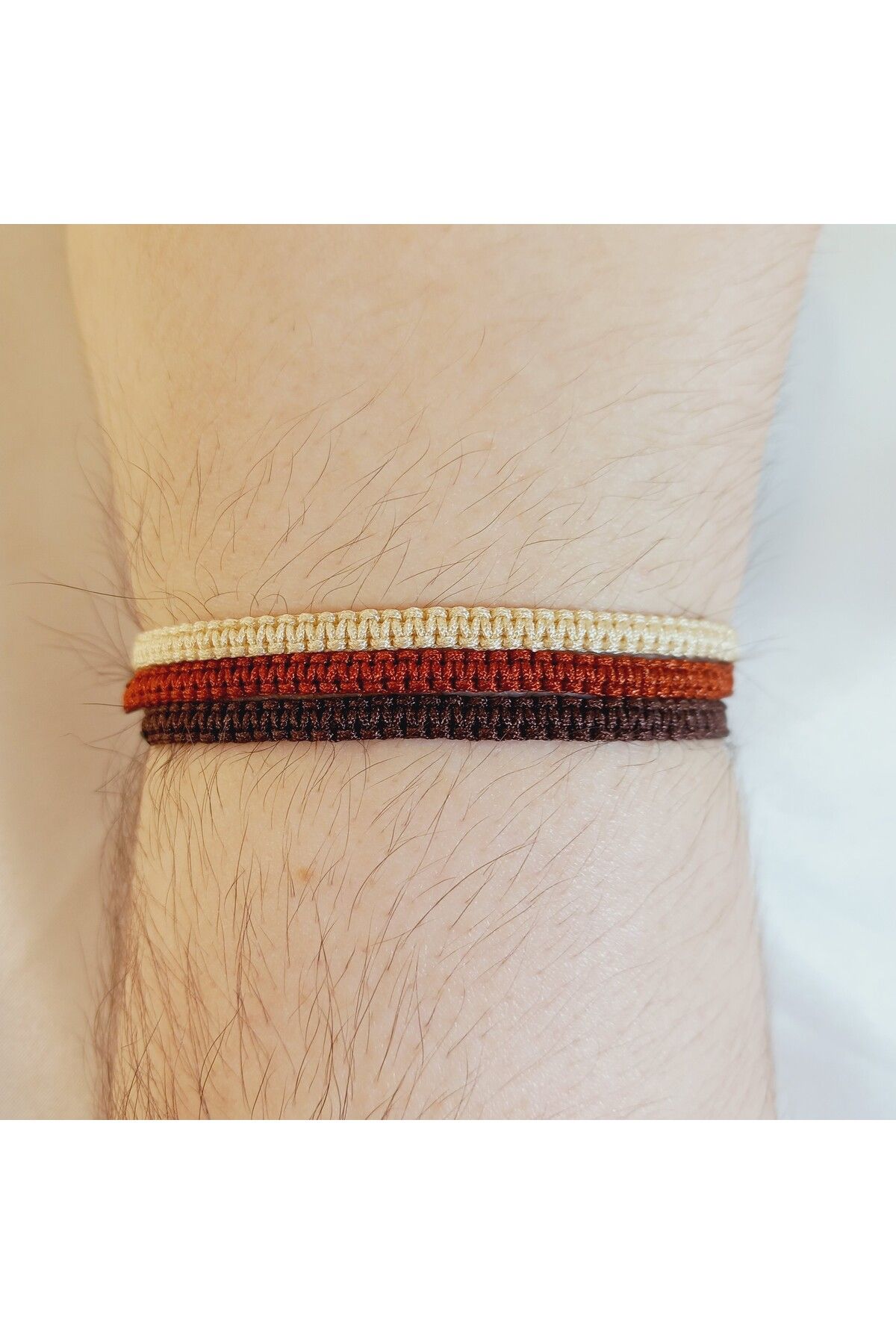Crystal Atelier Unisex 3’lü Krem Kahverengi Asansörlü Ayarlanabilir Örgü Makrome Bileklik Seti-Hediyelik İp Bileklik