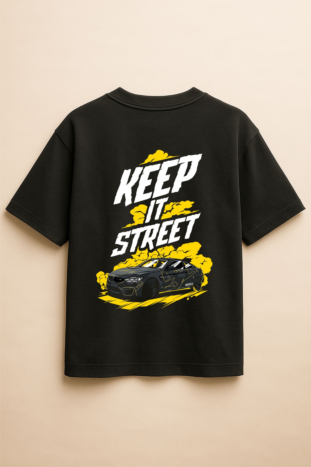 Altair Tr Siyah Renk Oversize Beyaz Keep İt Street BMW M4 Araba Baskılı Unisex Tişört T-Shirt