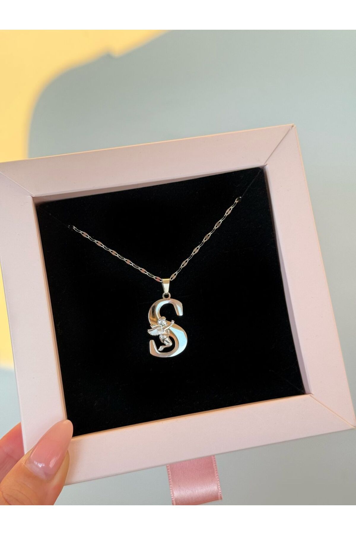 h&b design jewel Çelik Melek Detaylı Silver S Harfli Kolye