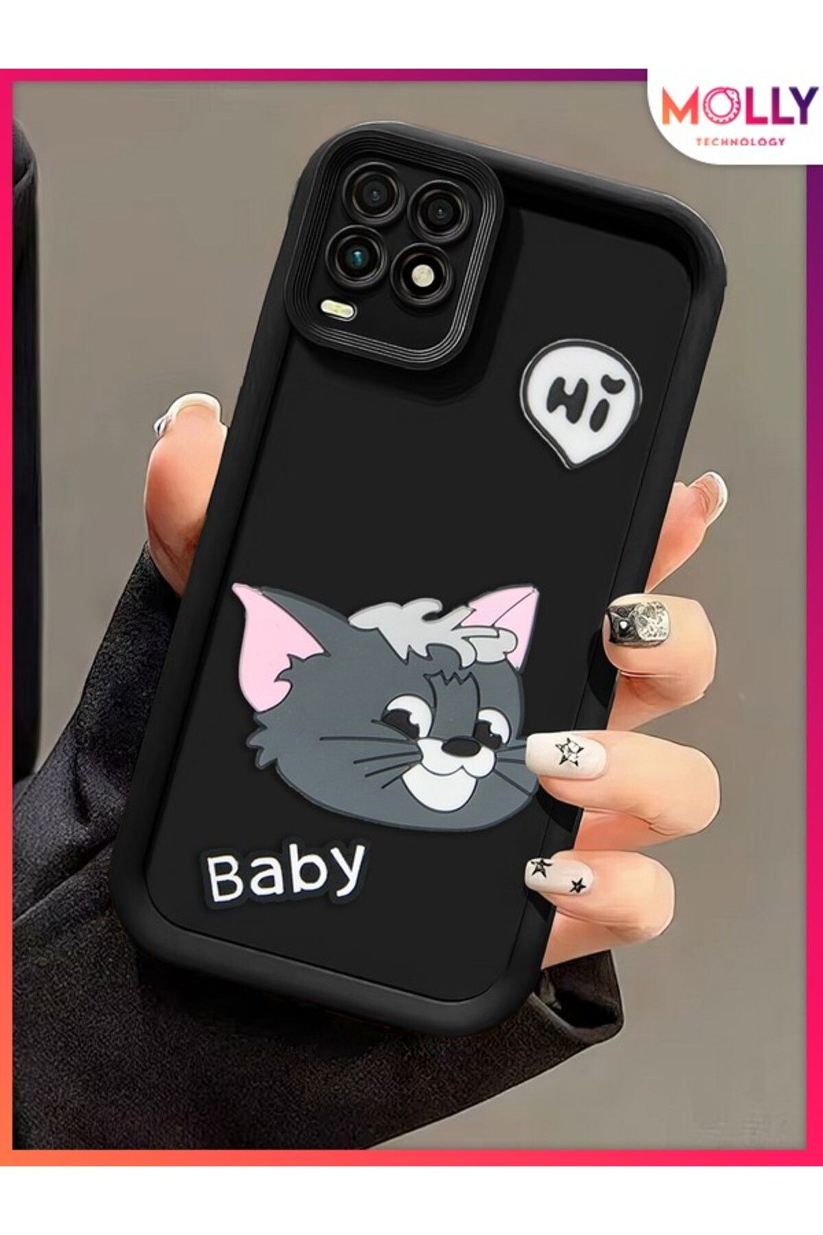 Molly Oppo A54 İçin Siyah Kenarları Kalın 3d Kabartmalı Baby Tom Silikon Kılıf