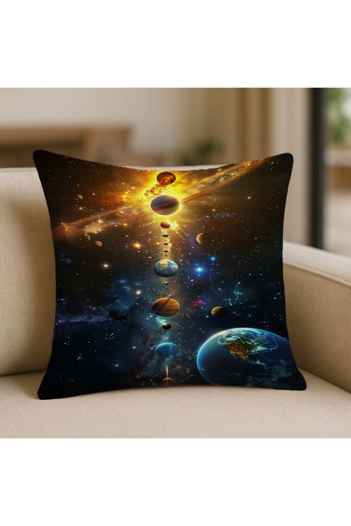 TURKISHRUG KINGDOM Güneş Sistemi Desenli Kırlent Kılıfı – 43x43 cm, Çift Taraflı, Fermuarlı, Yıkanabilir