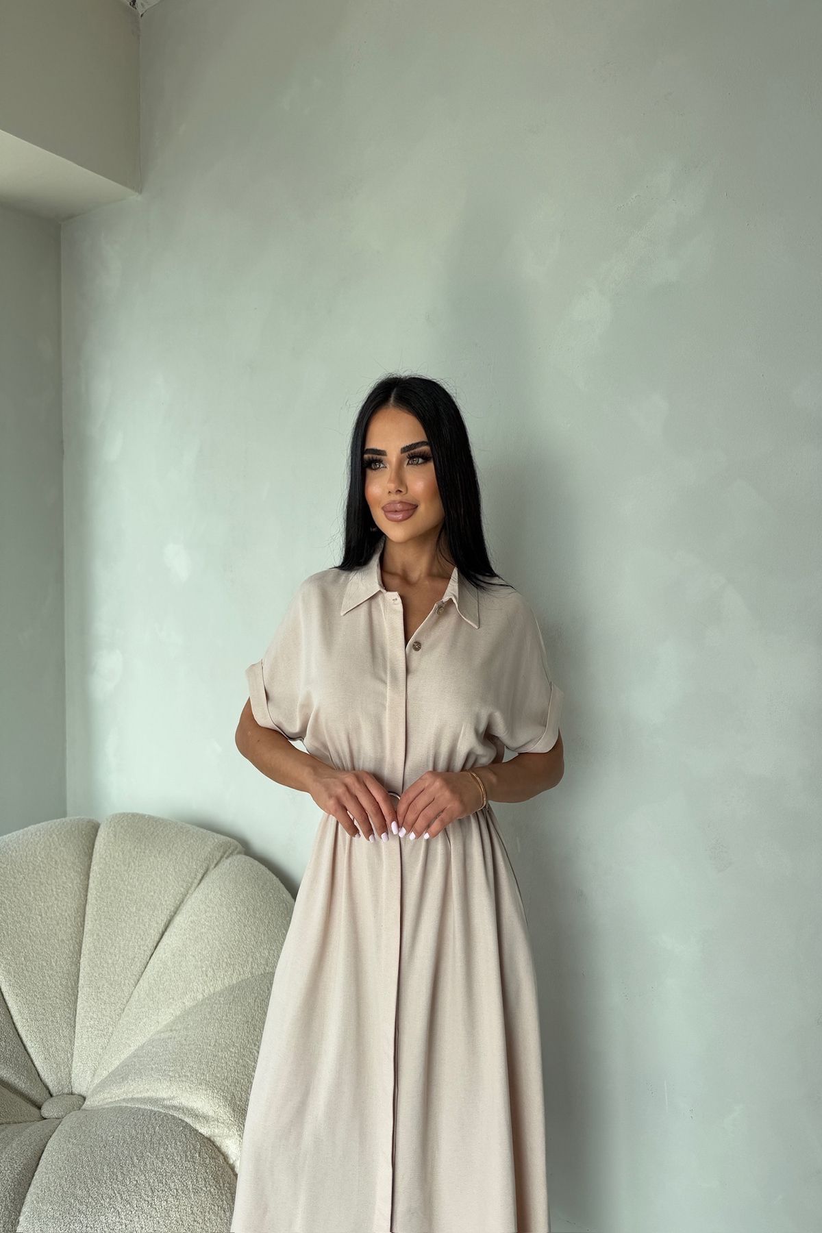 kamacibutik Gömlek Yaka Kemerli Keten Elbise