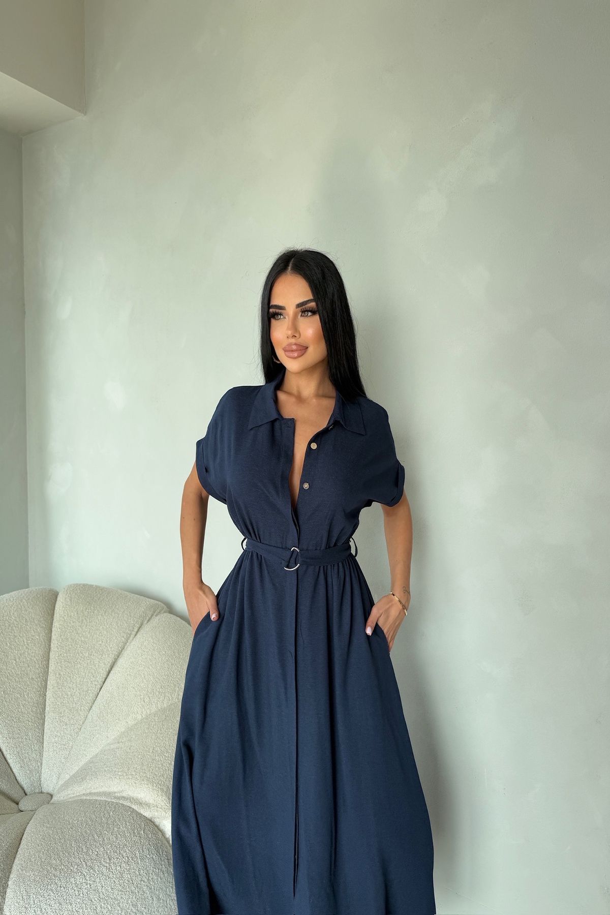 kamacibutik Gömlek Yaka Kemerli Keten Elbise