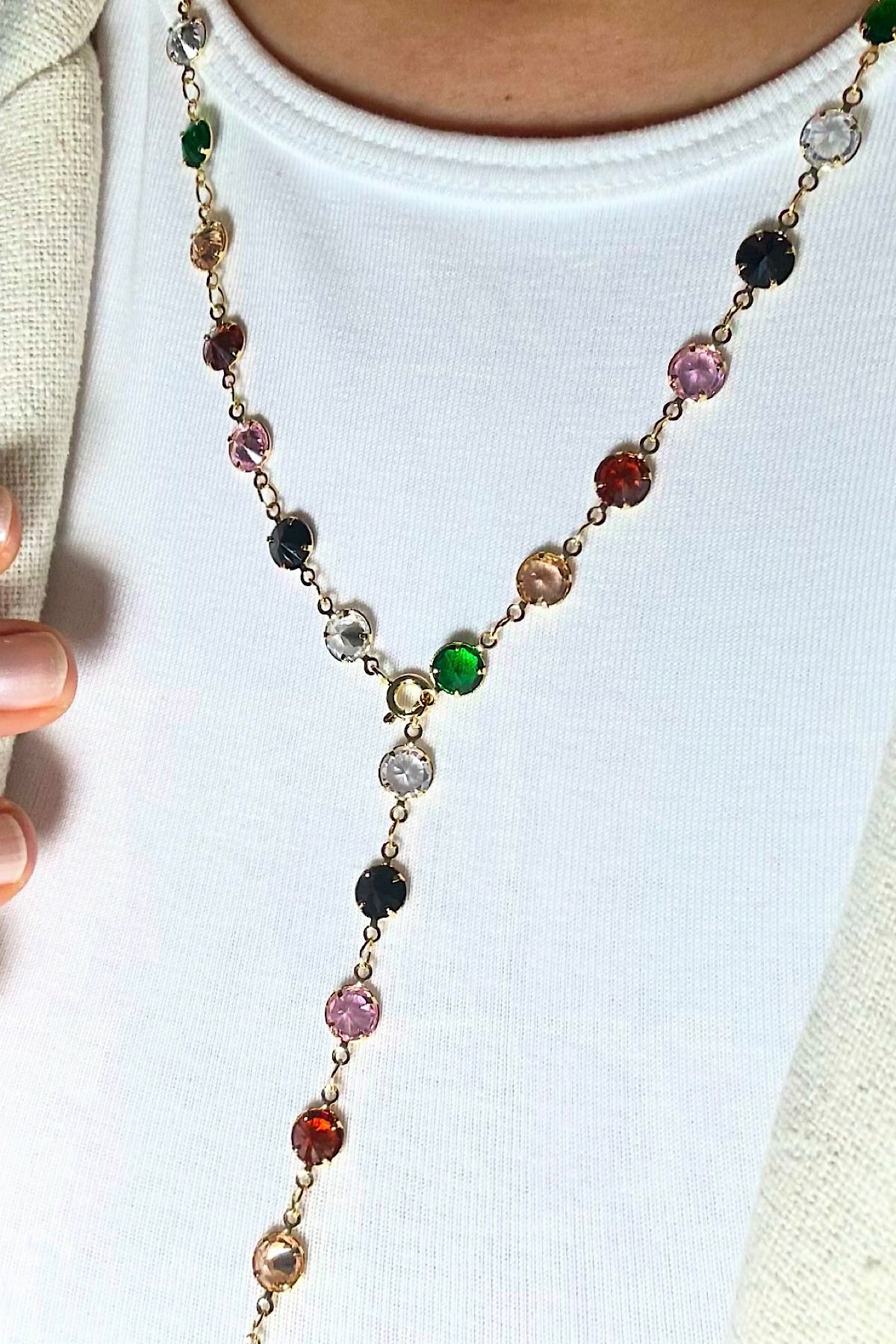 DELEIZA ACCESSORY Çelik Gold Y Kolye Yuvarlak Renkli Taş Detaylı