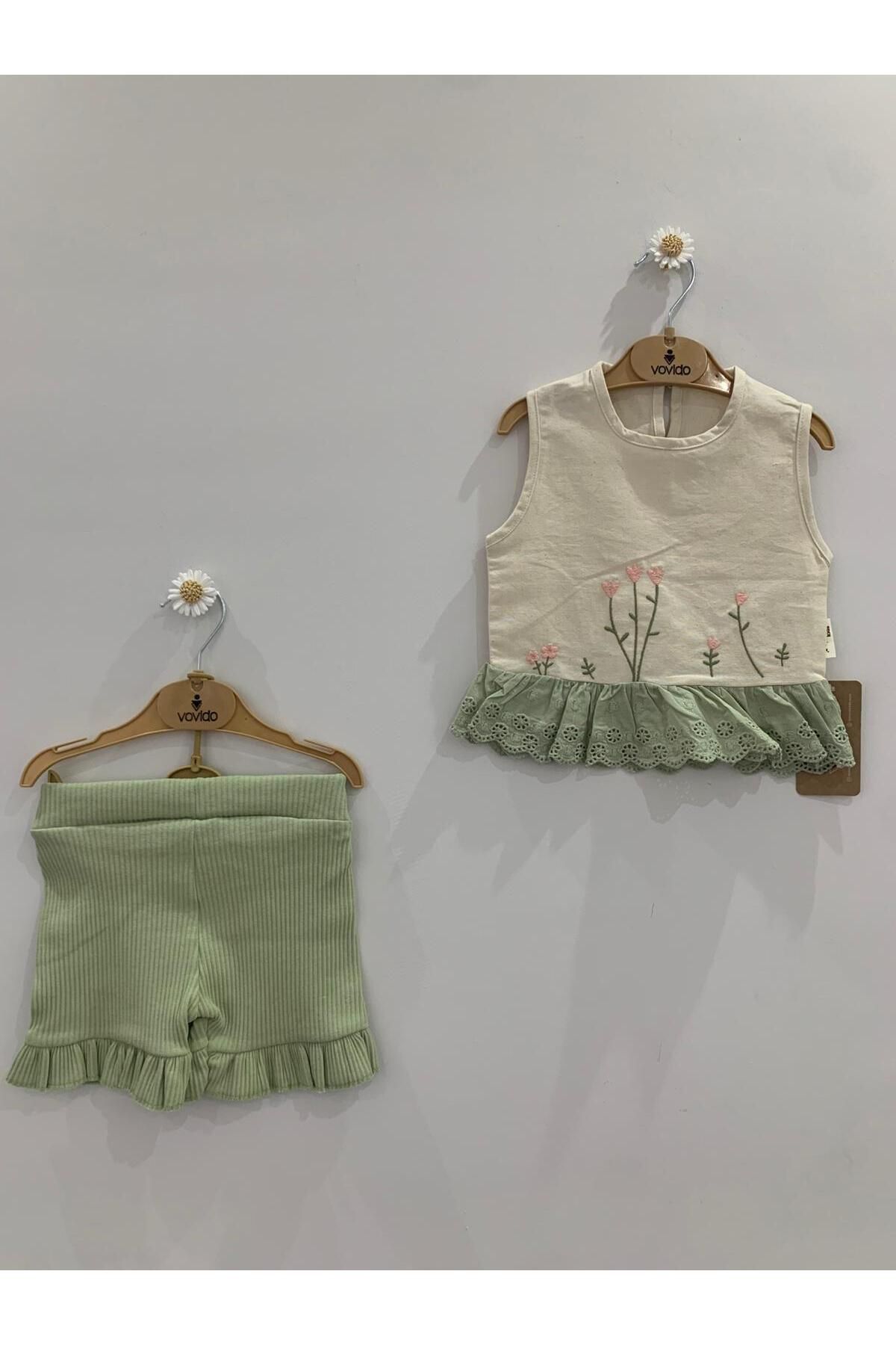 vovido Kız Bebek Çiçek Nakışlı 2'li Yazlık Takım