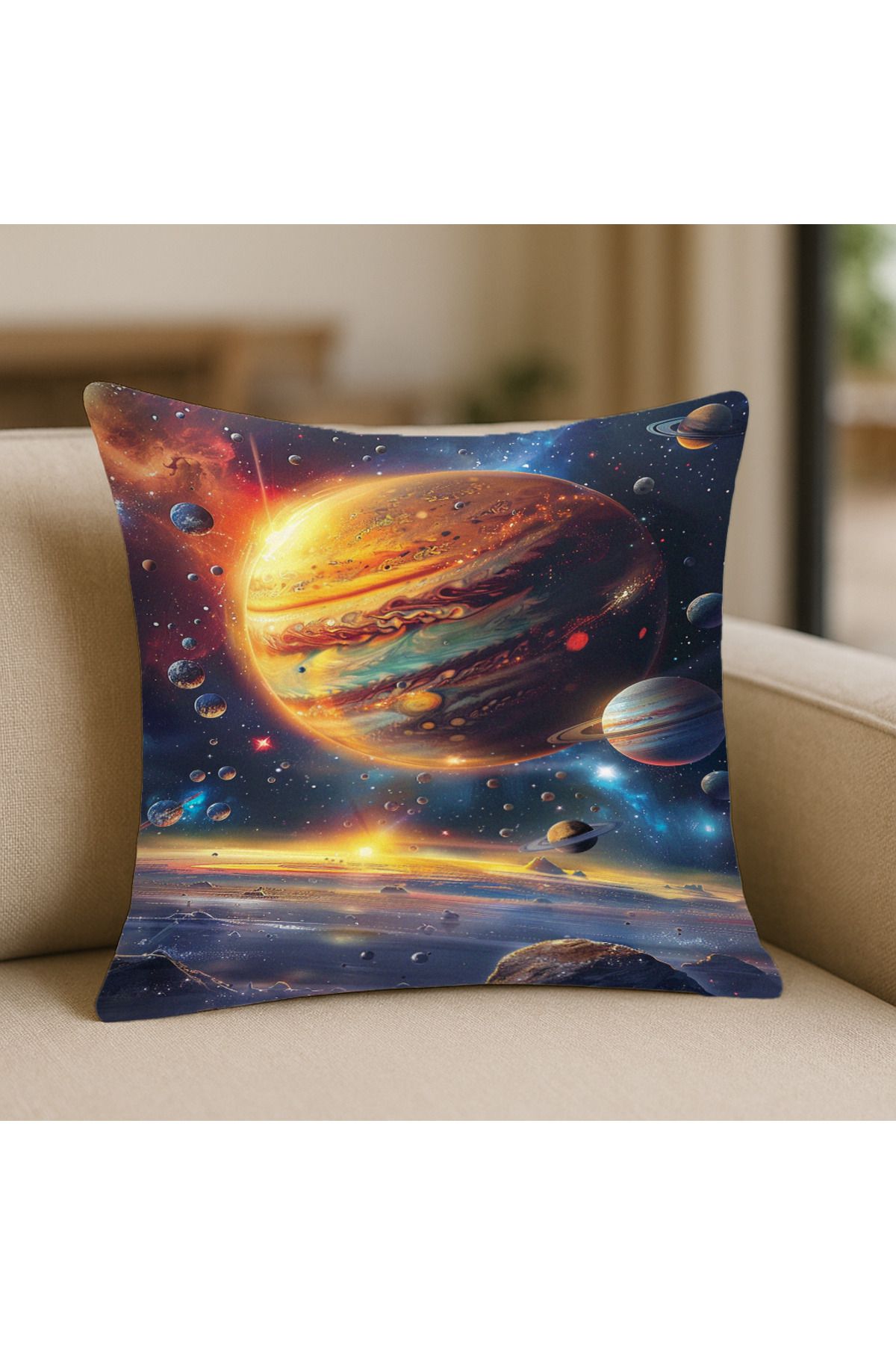 TURKISHRUG KINGDOM Uzay Dünya Desenli Kırlent Kılıfı – 43x43 cm, Çift Taraflı, Fermuarlı, Yıkanabilir