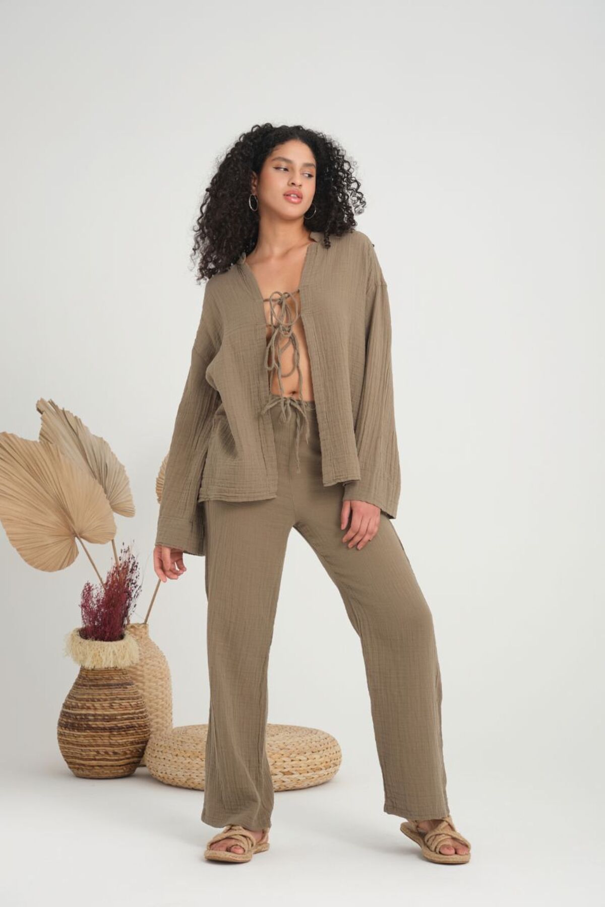 MODAGK Müslin Keten Bohem Bluz Pantolon Takım