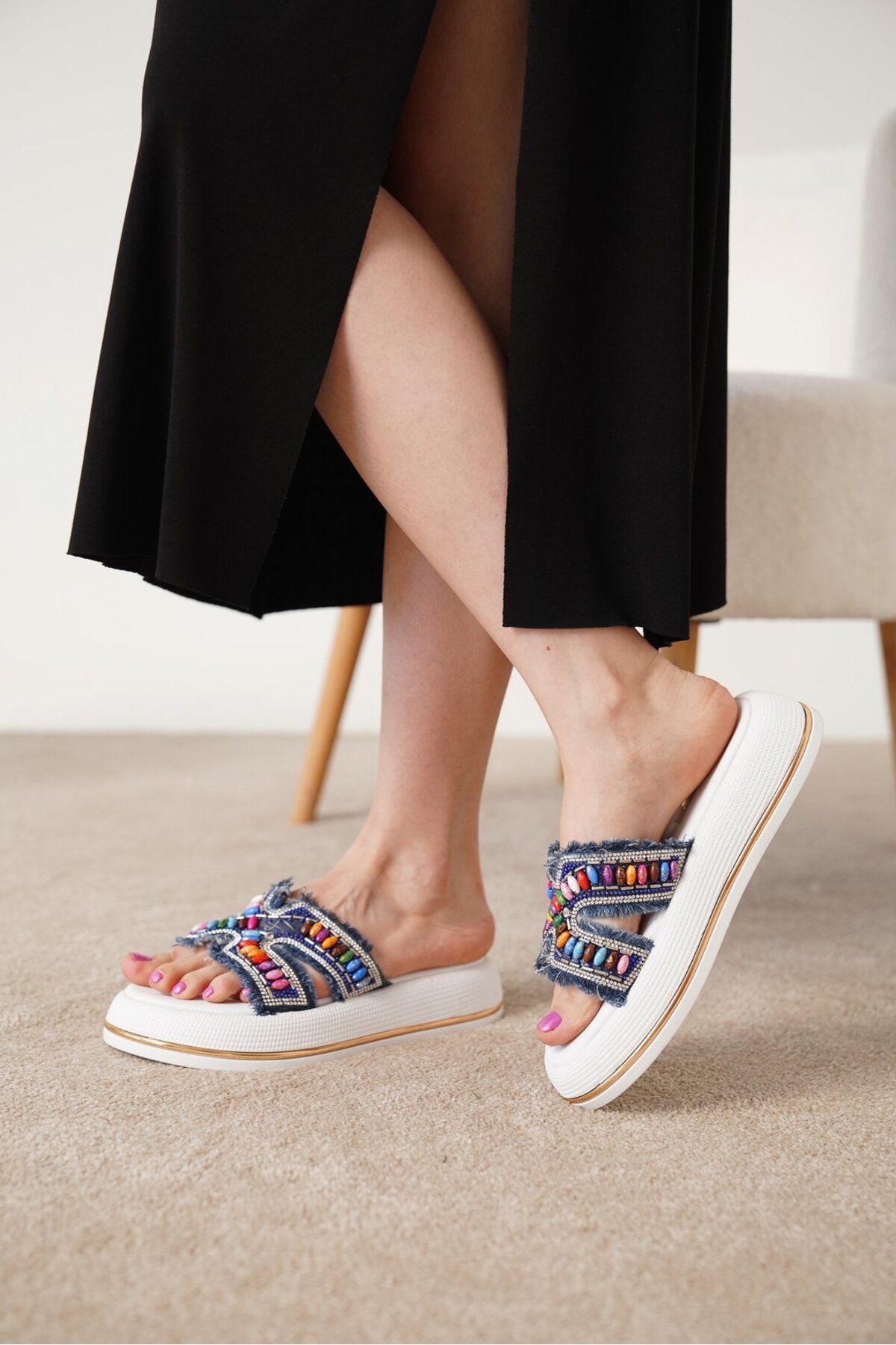 luuq shoes KYLE Kadın Günlük Taş Detaylı Kalın Topuk Terlik