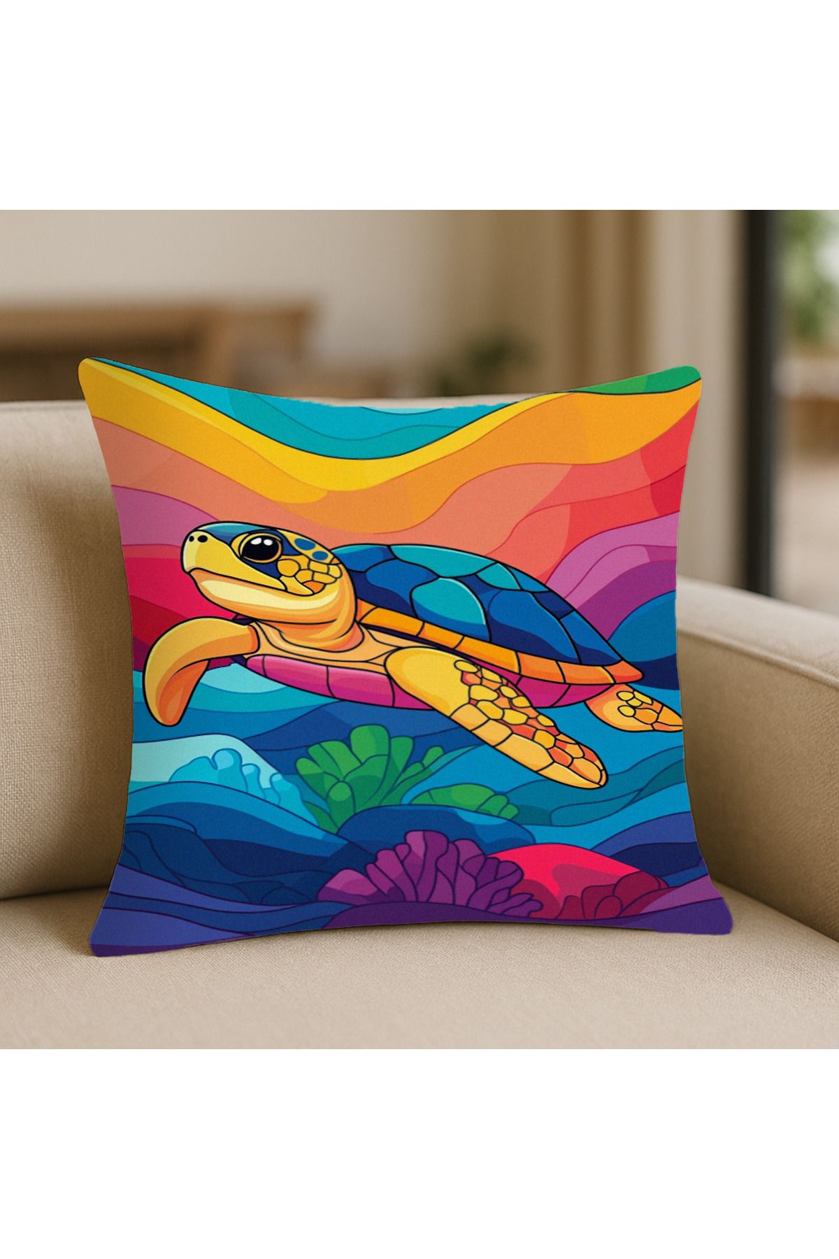 TURKISHRUG KINGDOM Karetta Karetta Desenli Kırlent Kılıfı – 43x43 cm, Çift Taraflı, Fermuarlı, Yıkanabilir