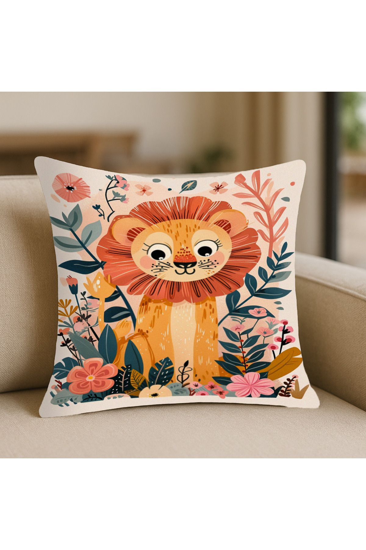 TURKISHRUG KINGDOM Aslan Desenli Kırlent Kılıfı, Kanepe Kırlenti – 43x43 cm, Çift Taraflı, Fermuarlı, Yıkanabilir