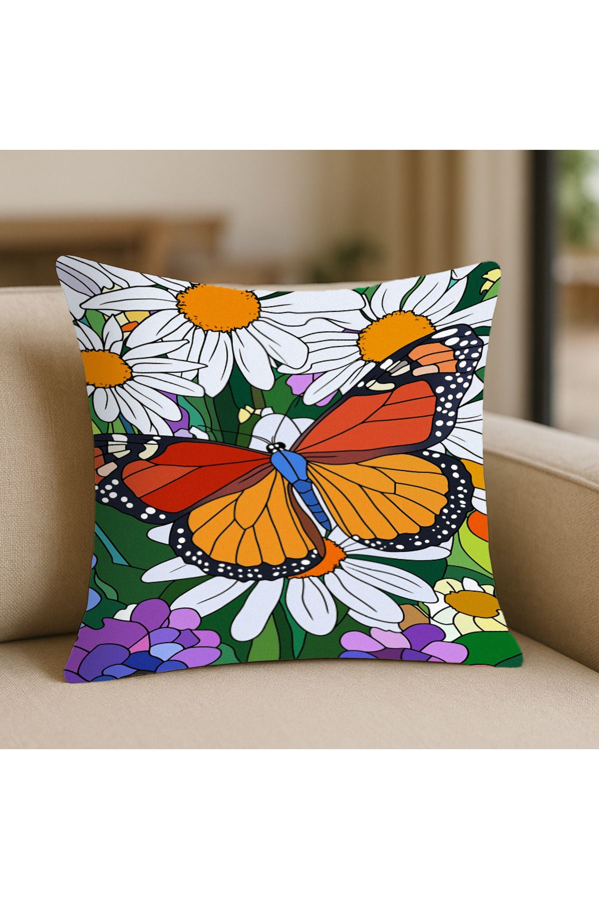 TURKISHRUG KINGDOM Kelebek Desenli Çiçekli Kırlent Kılıfı – 43x43 cm, Çift Taraflı, Fermuarlı, Yıkanabilir