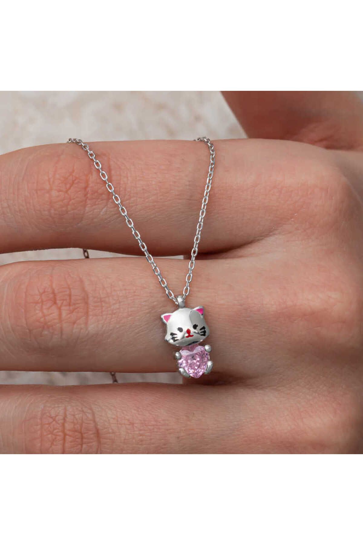 gumusdevri Gümüş Pembe Taşlı Sevimli Kedi Kadın Kolye