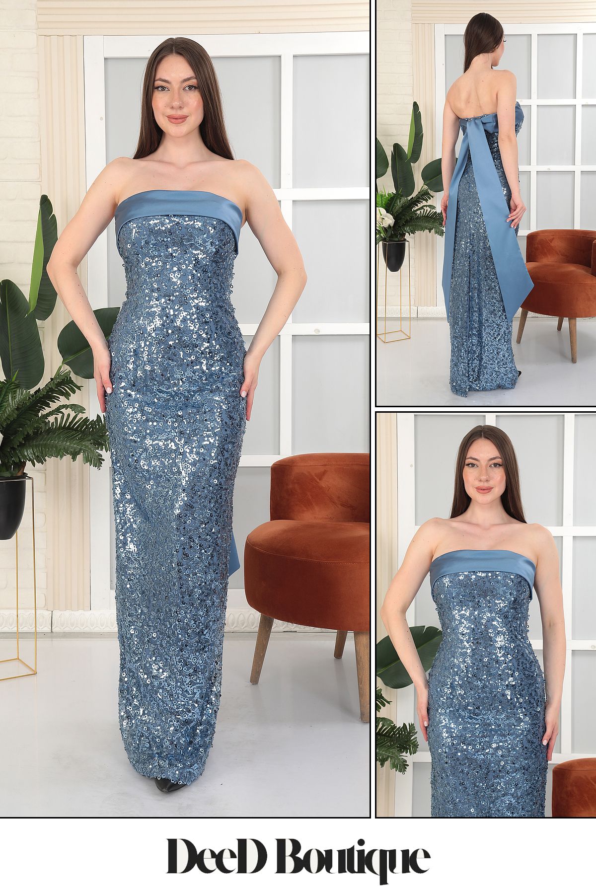 DeeD Boutique Bebe Mavi Straplez Payet Detaylı Uzun Abiye Elbise