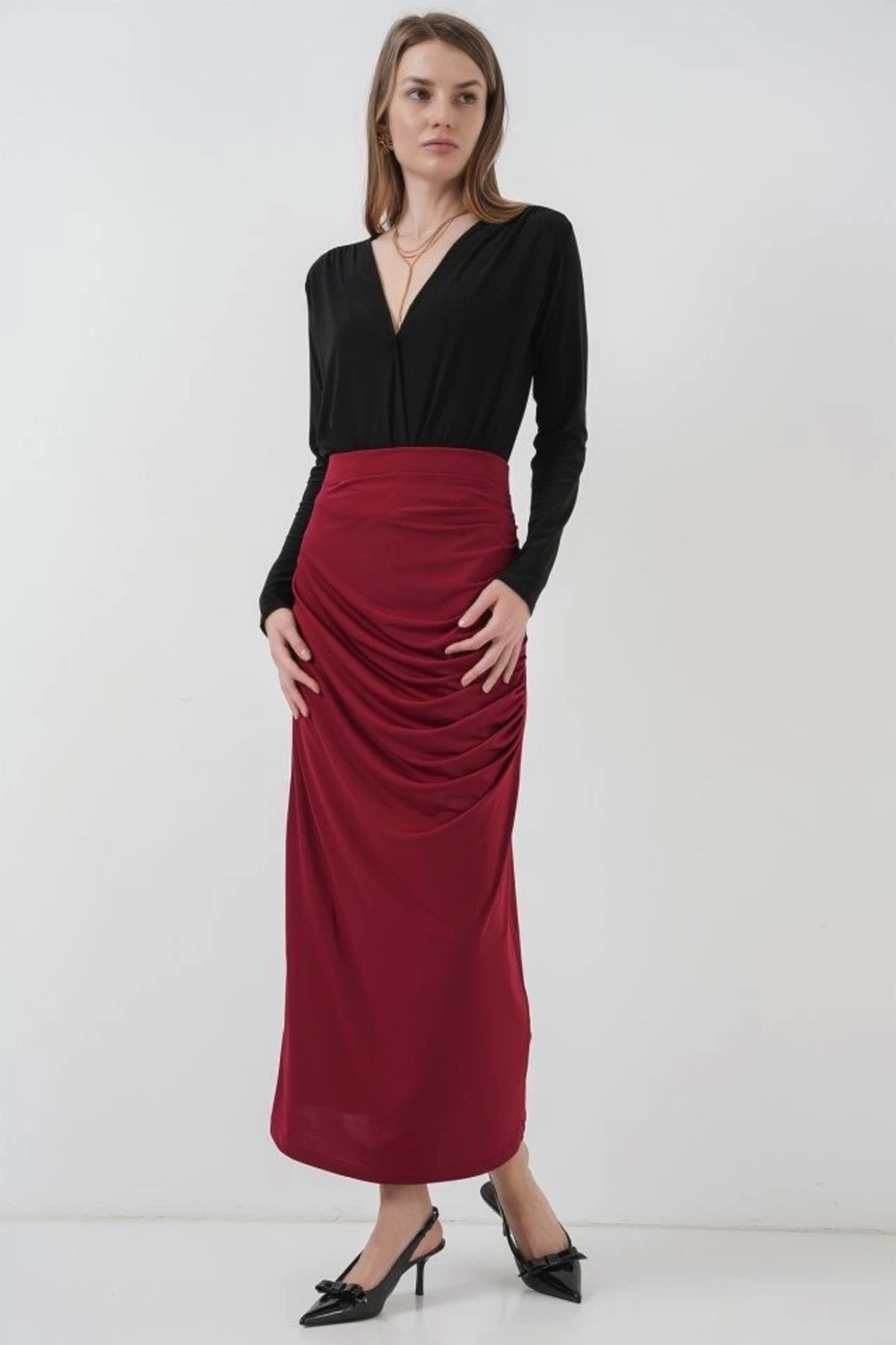 Kaplan 8035 Büzgülü Midi Etek - Bordo